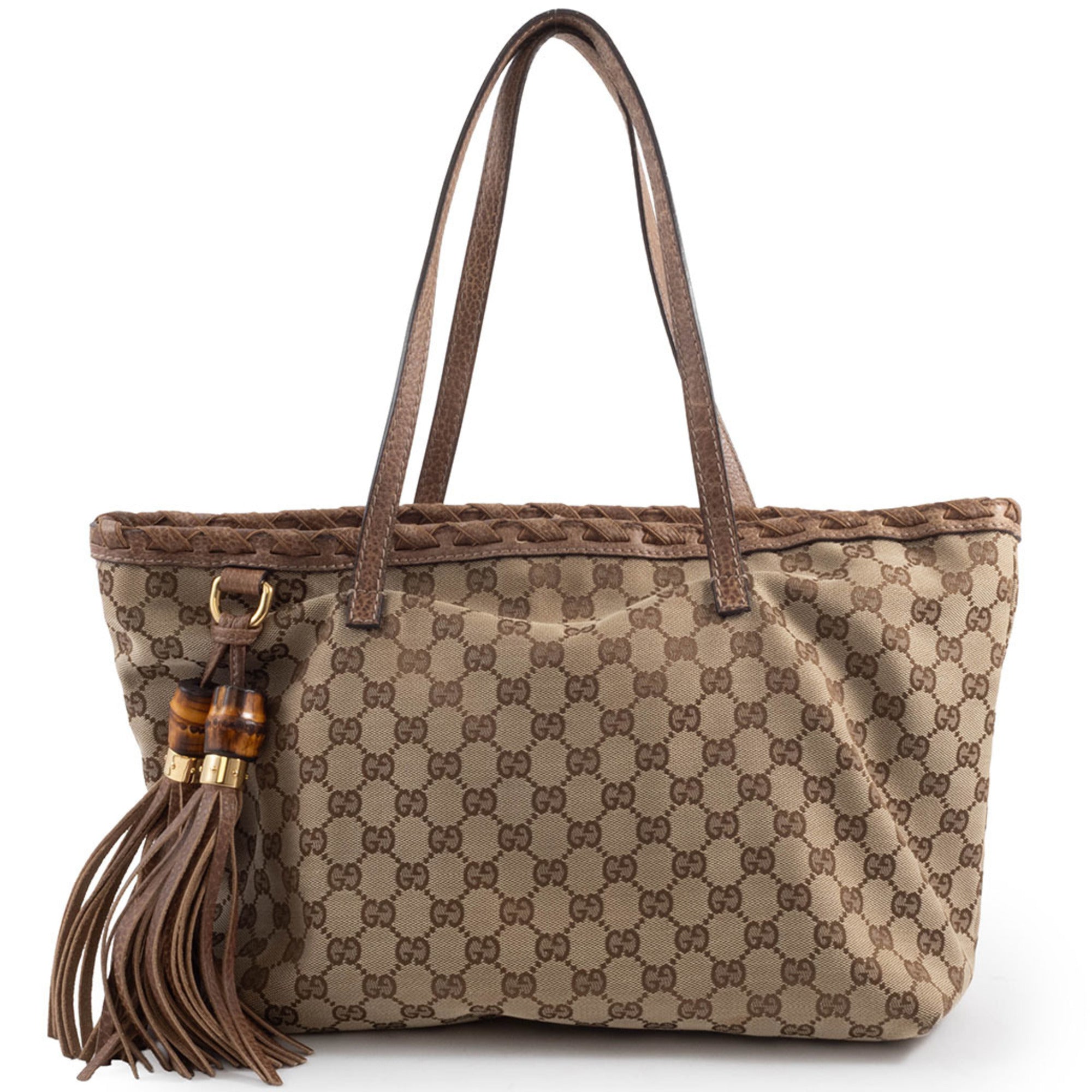 Gucci Gg Canvas Beige Brown Gg Canvas Leather Tote Bag (Pre-Owned)