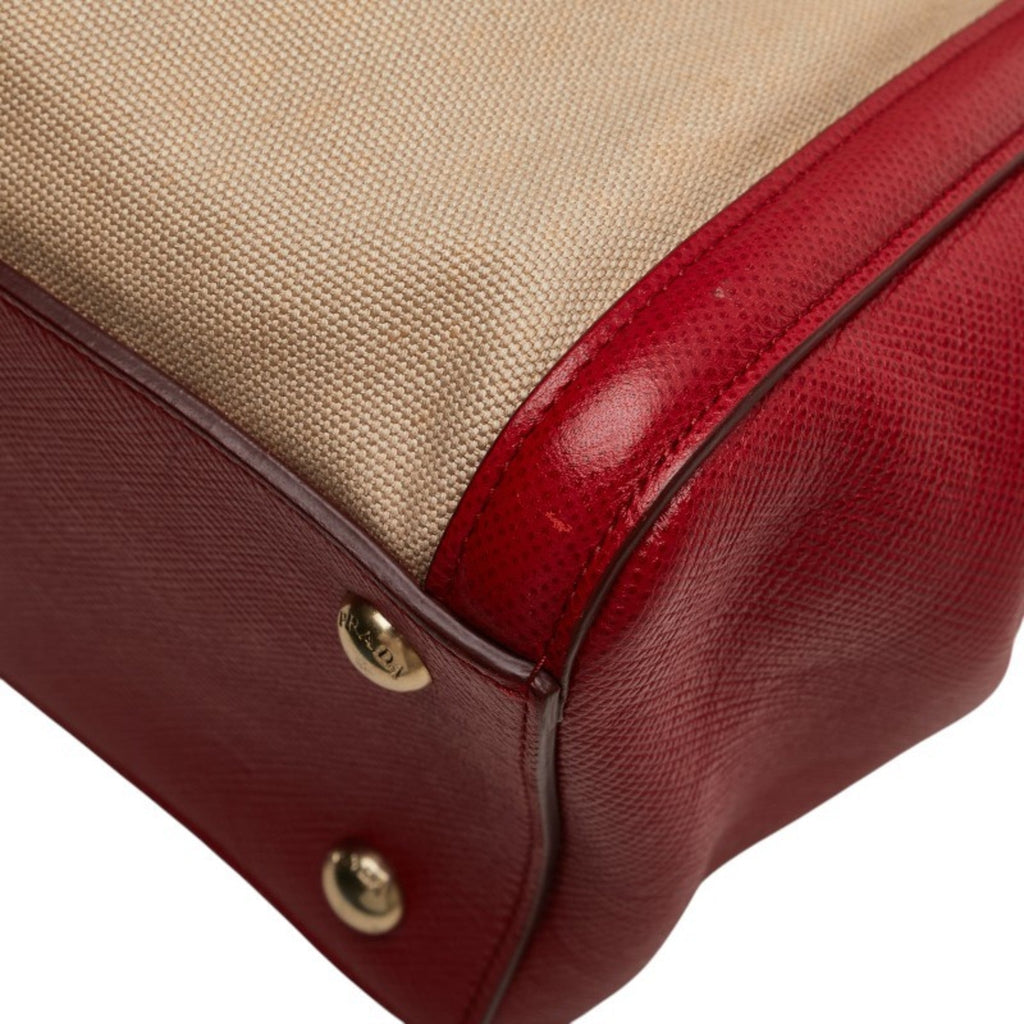 Prada Beige Red Color Canvas Leather Handbag Shoulder Bag