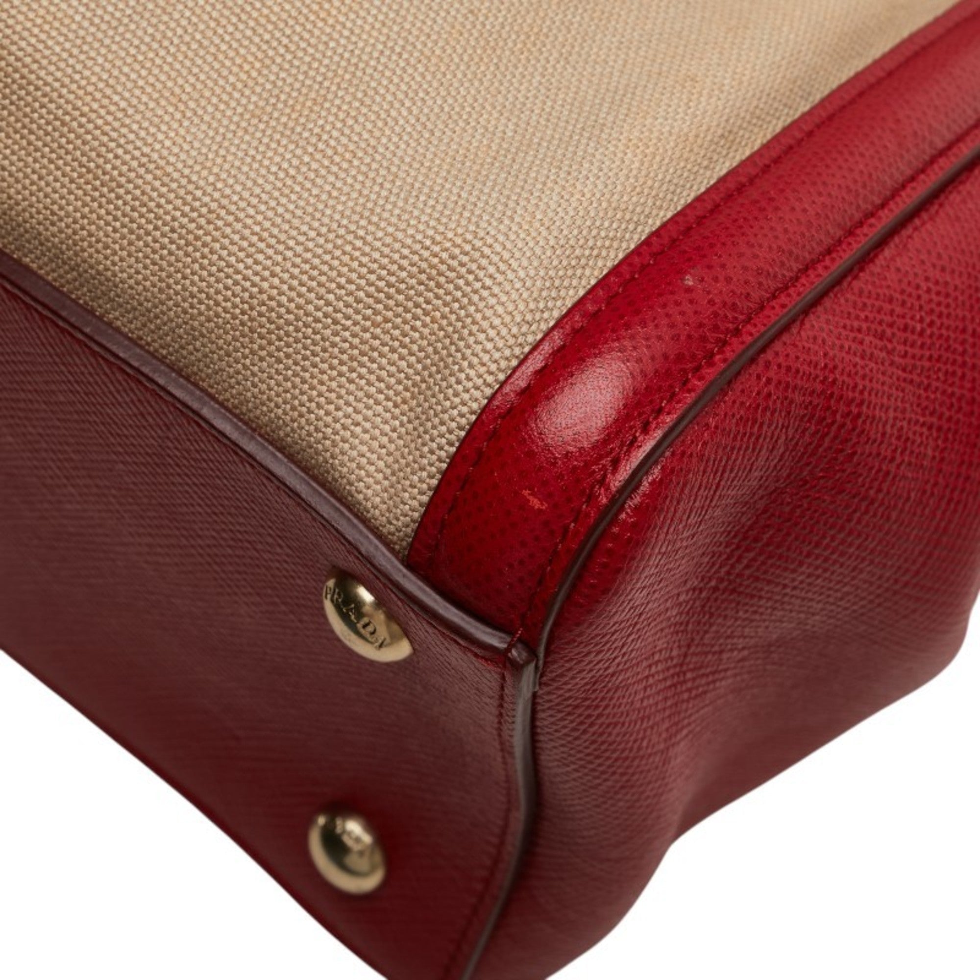 Prada Beige Red Color Canvas Leather Handbag Shoulder Bag