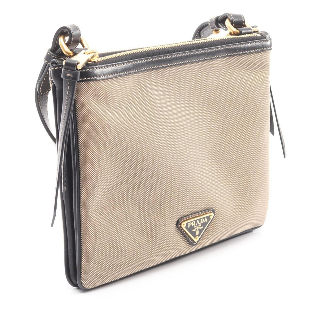 Prada Beige Black Canvas Leather Shoulder Bag