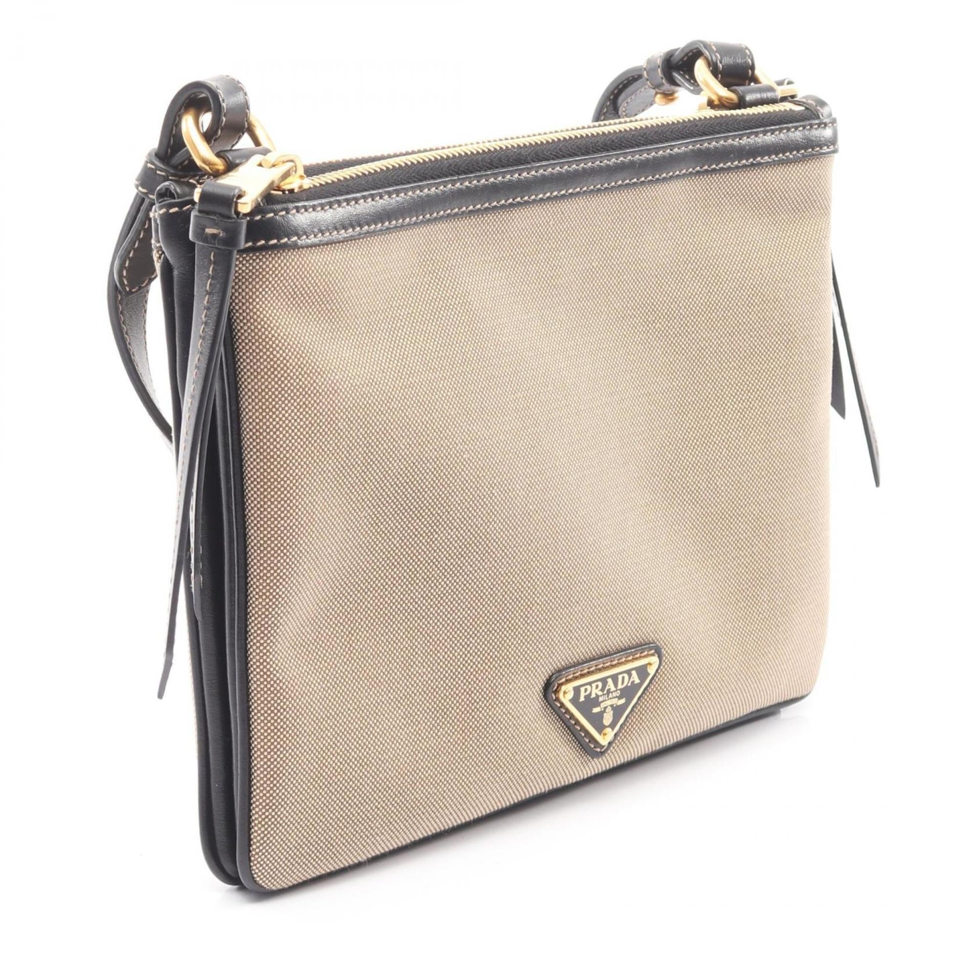 Prada Beige Black Canvas Leather Shoulder Bag