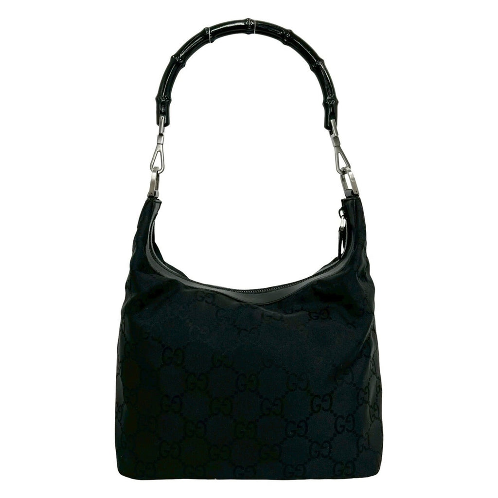 Gucci Black Bamboo Leather Nylon Handbag Shoulder Bag (Pre-Owned)