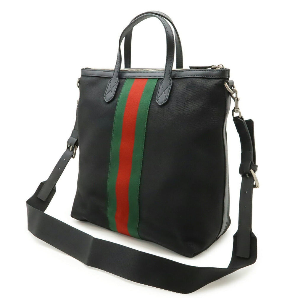 Gucci Sherry Line Black Green Red Color Nylon Canvas Leather Shoulder Bag Tote Bag (Pre-Owned)
