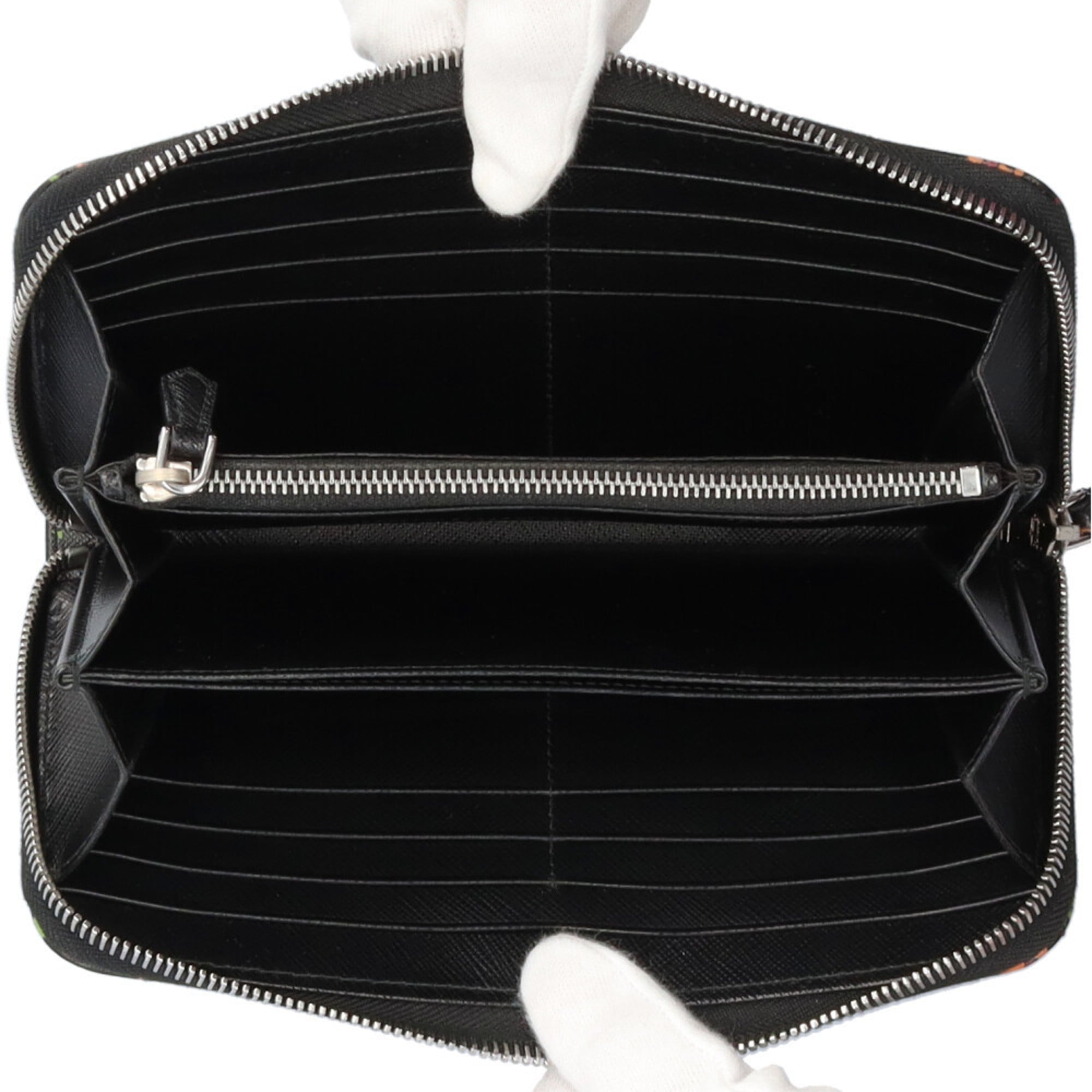 Prada Black Green Orange Leather Long Wallet (Bi-Fold)