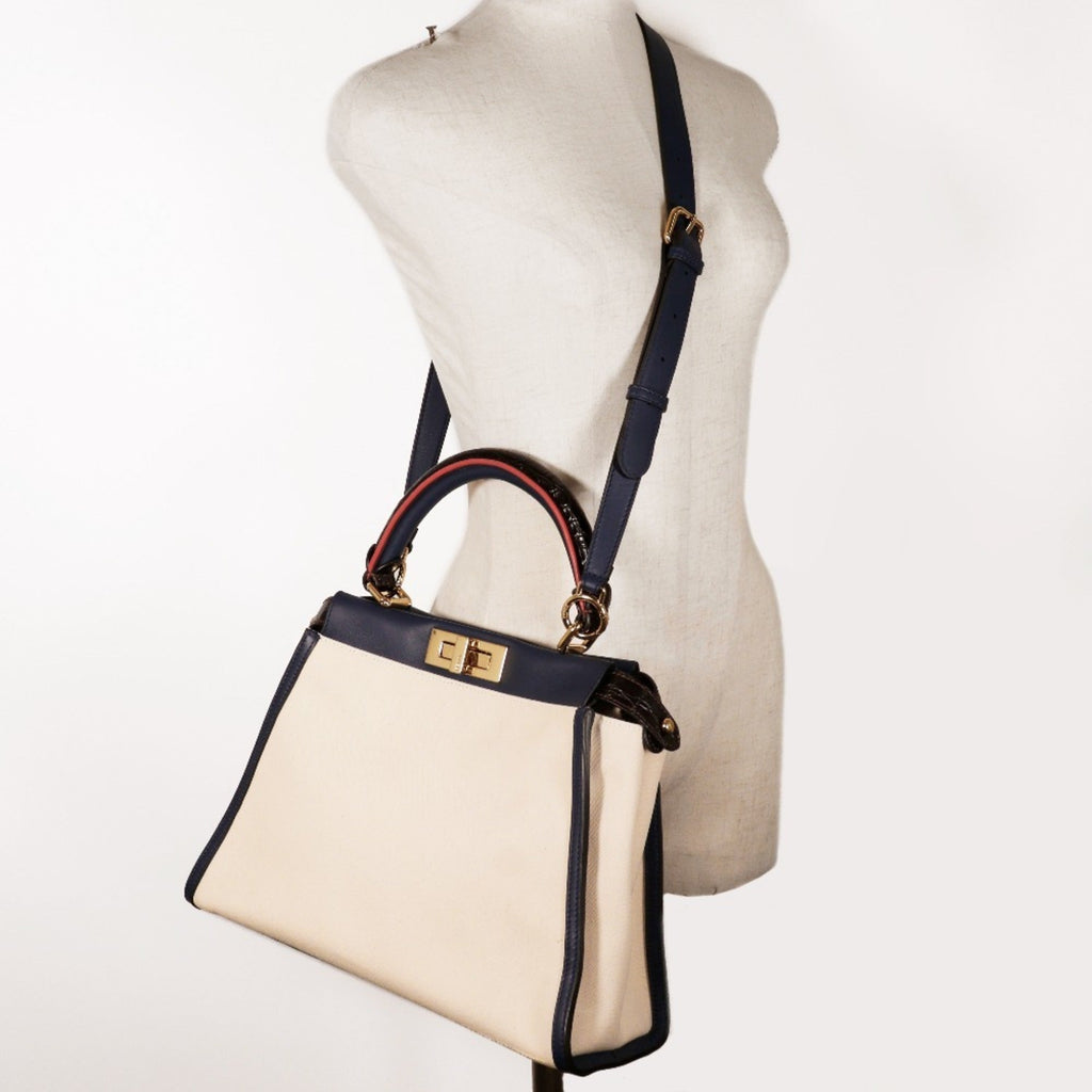 Fendi Navy White Canvas Leather Handbag