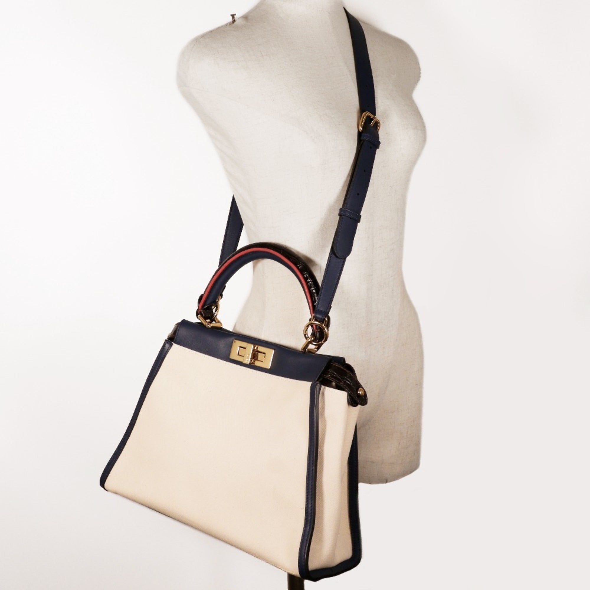 Fendi Navy White Canvas Leather Handbag