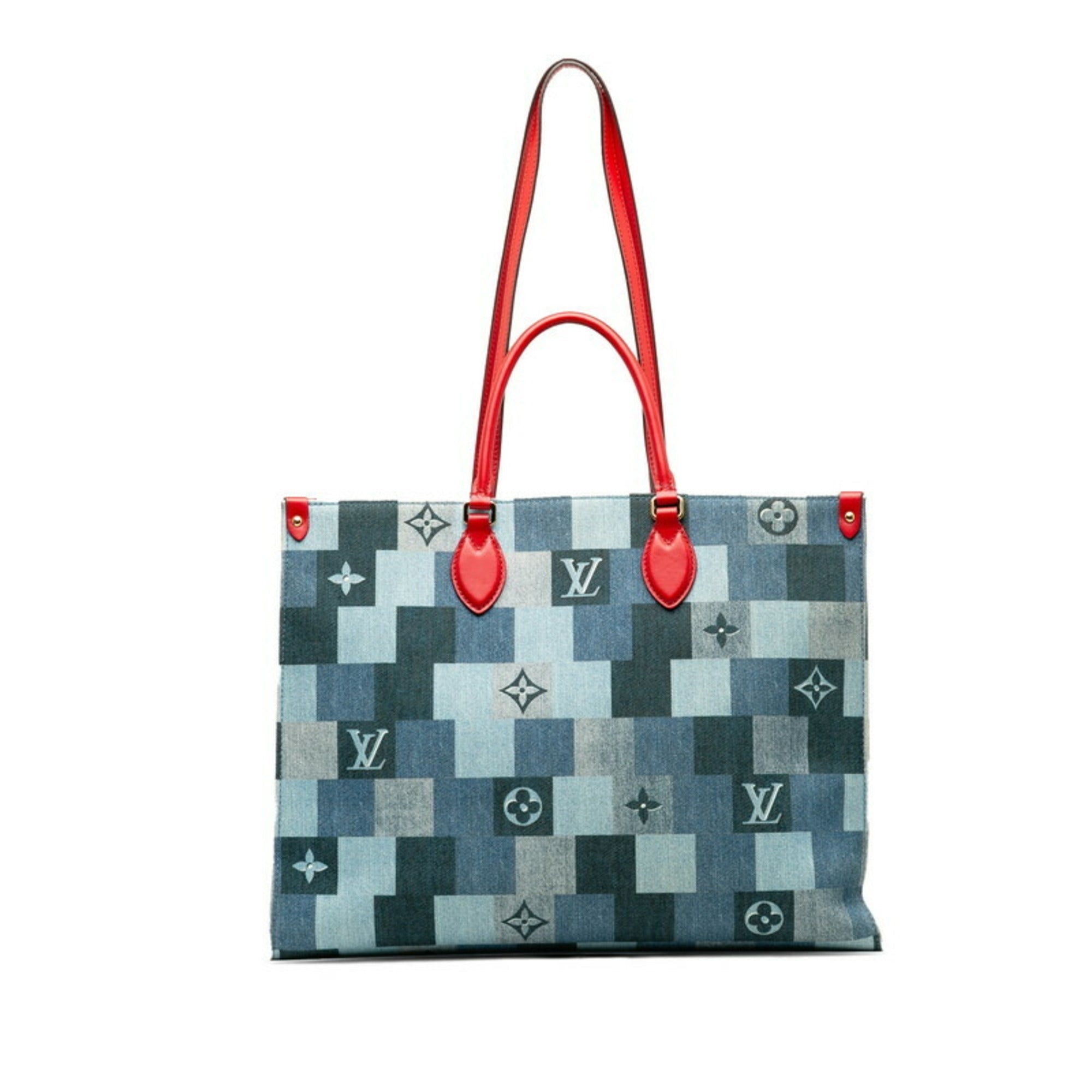 Louis Vuitton Blue Red Color Denim Leather Shoulder Bag Tote Bag