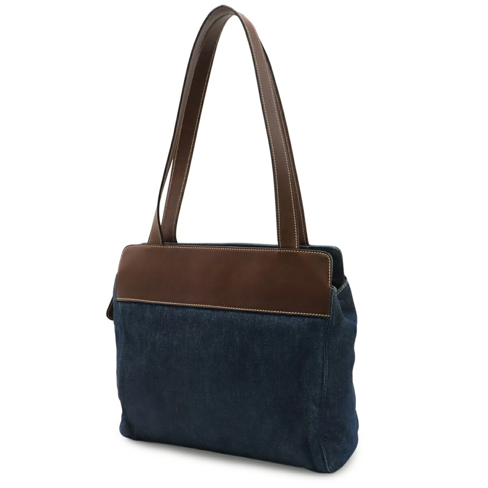 Chanel Blue Brown Dark Brown Denim Leather Shoulder Bag Tote Bag