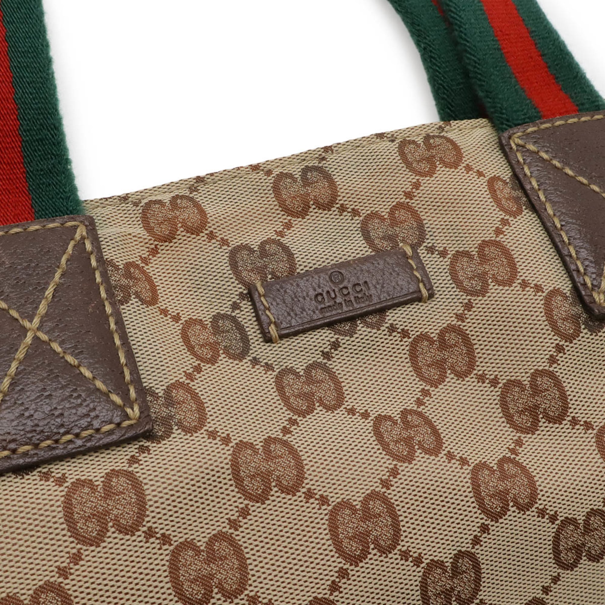 Gucci Sherry Line Beige Dark Brown Green Red Color Nylon Canvas Leather Shoulder Bag Tote Bag (Pre-Owned)