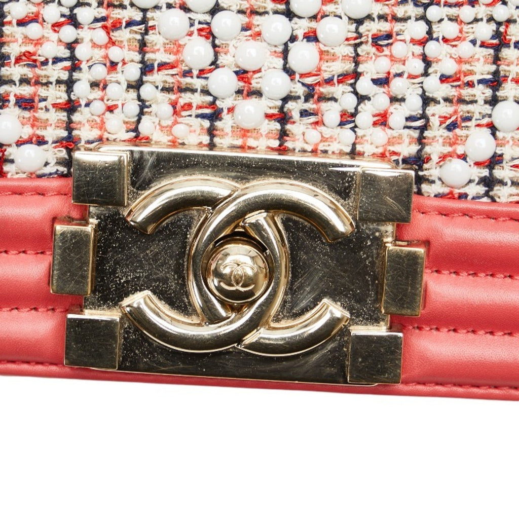 Chanel Boy Chanel Multi-Color Pink White Tweed Leather Shoulder Bag