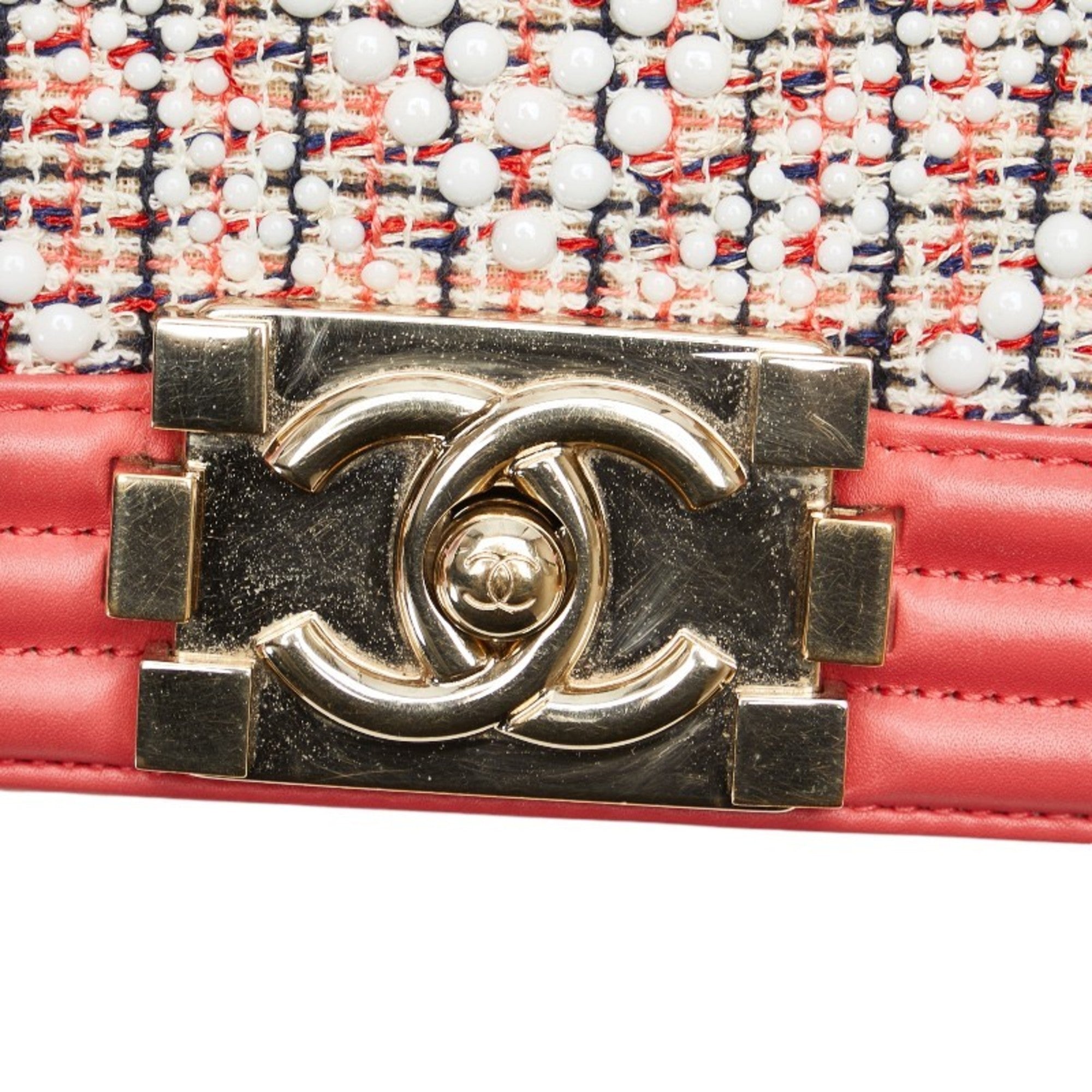 Chanel Boy Chanel Multi-Color Pink White Tweed Leather Shoulder Bag