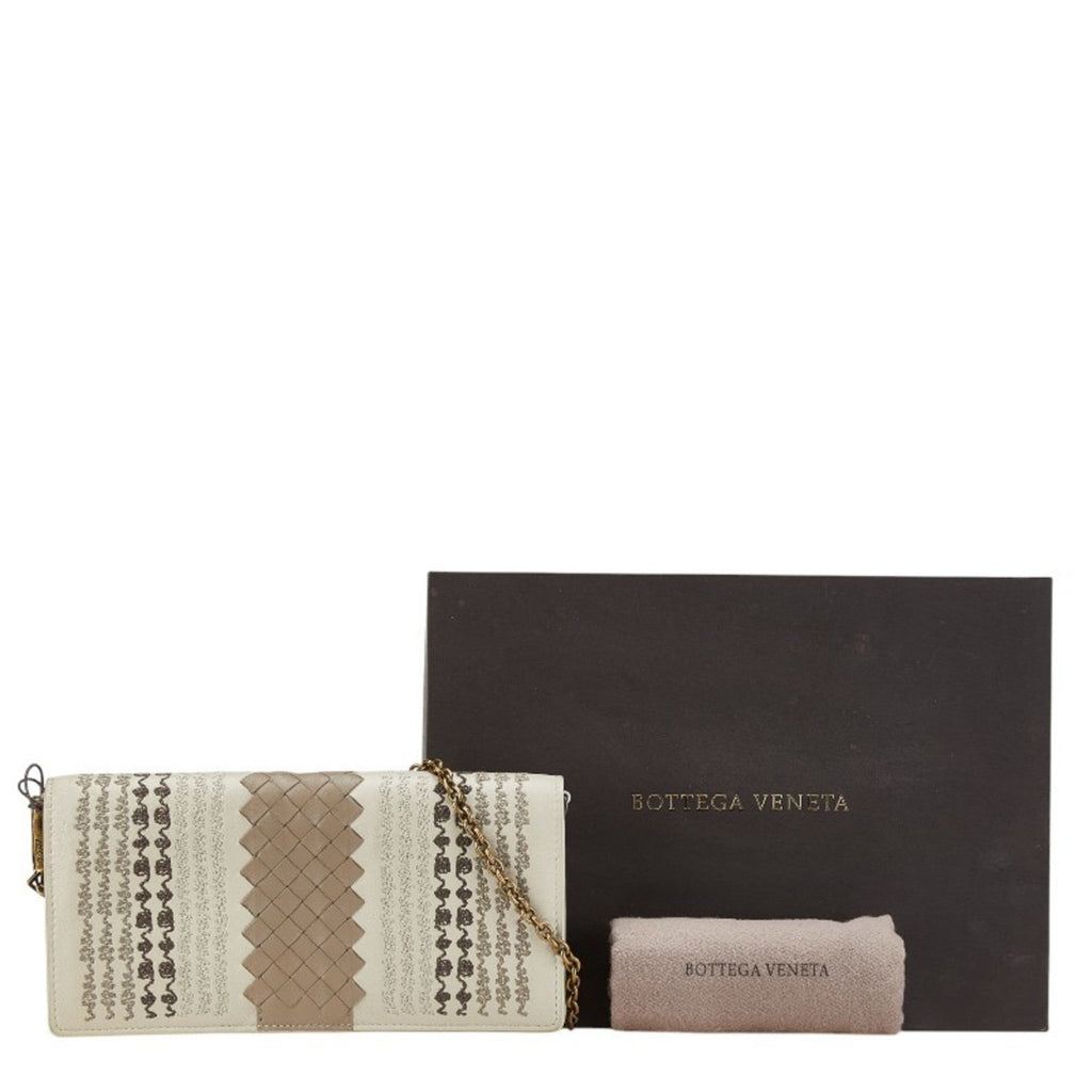 Bottega Veneta Intrecciato Beige Brown Leather Chain/Shoulder Wallet