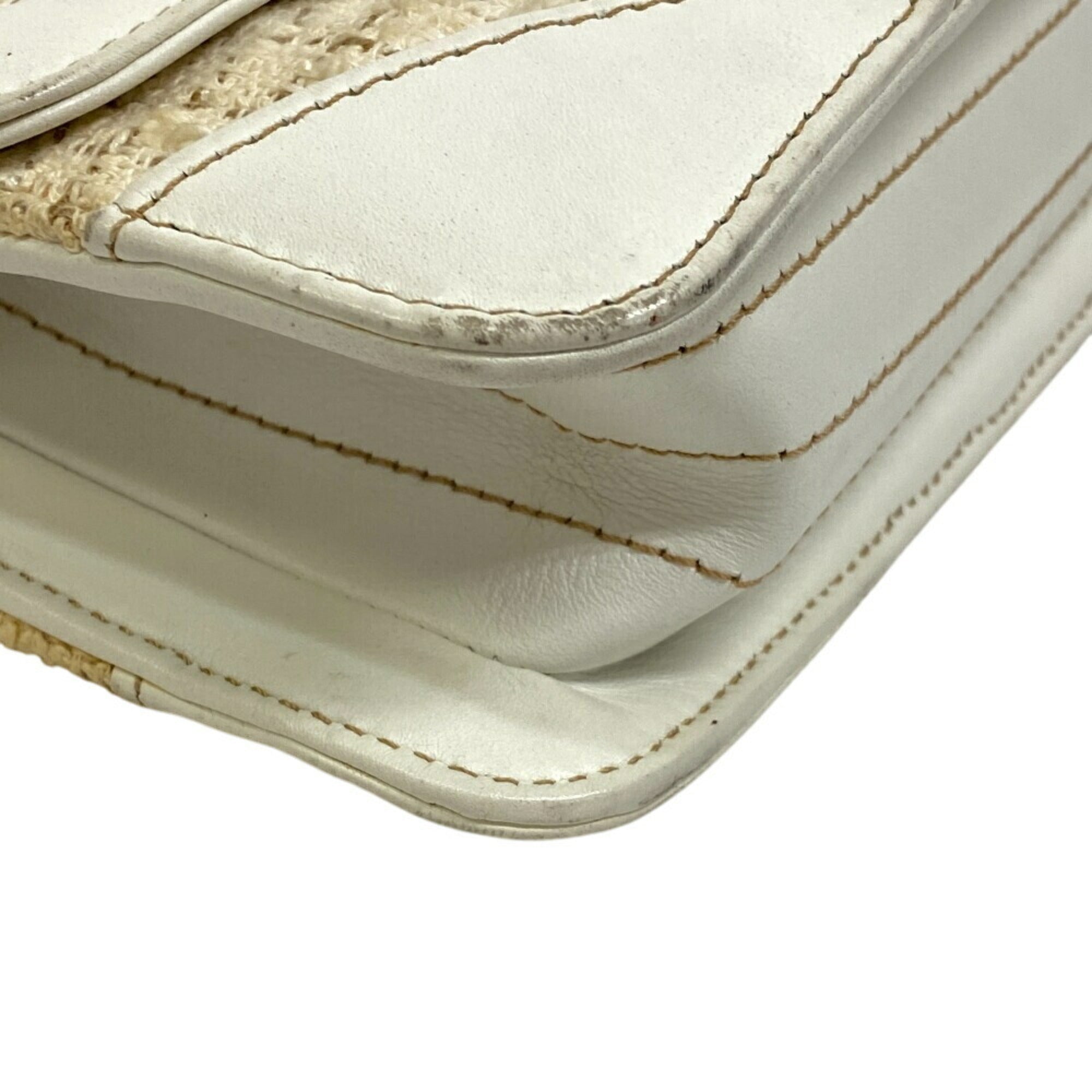 Chanel Beige White Tweed Leather Shoulder Bag