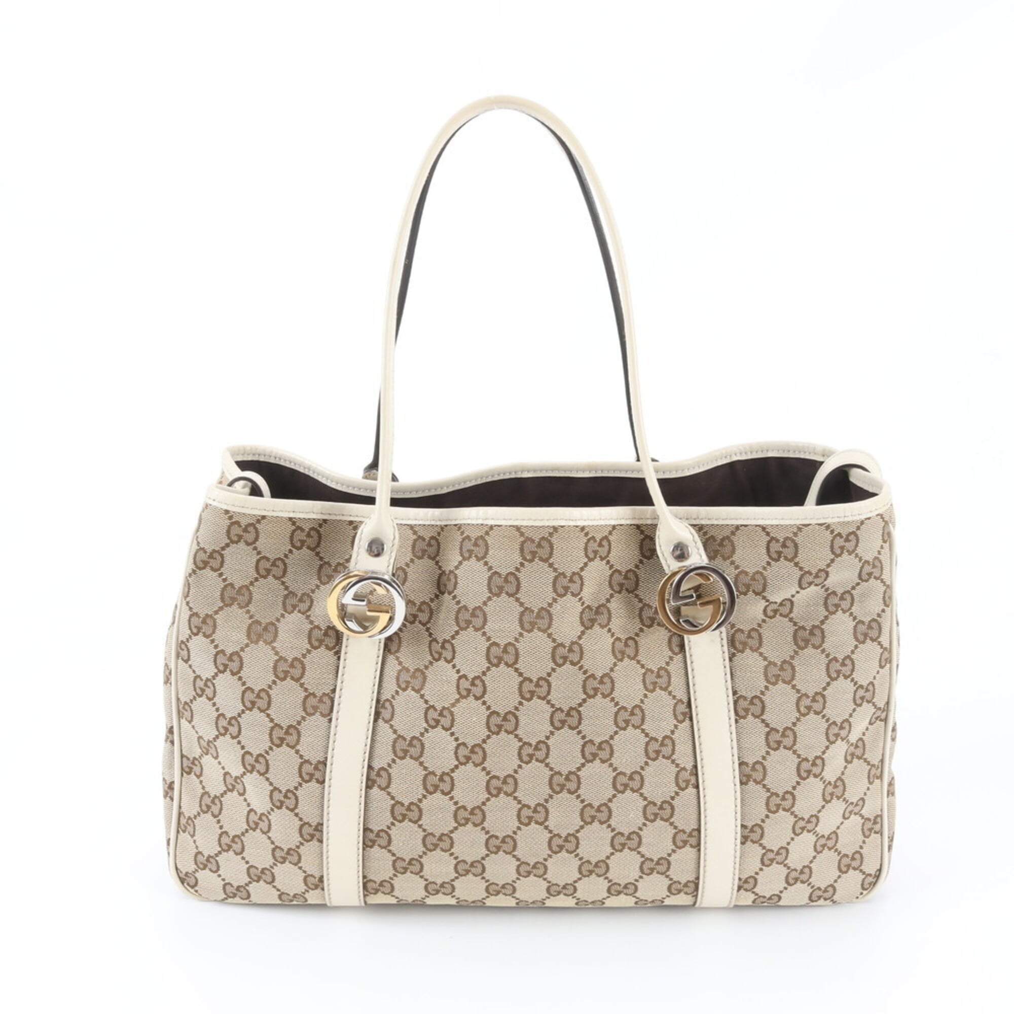 Gucci Beige White Leather Canvas Handbag Shoulder Bag Tote Bag (Pre-Owned)