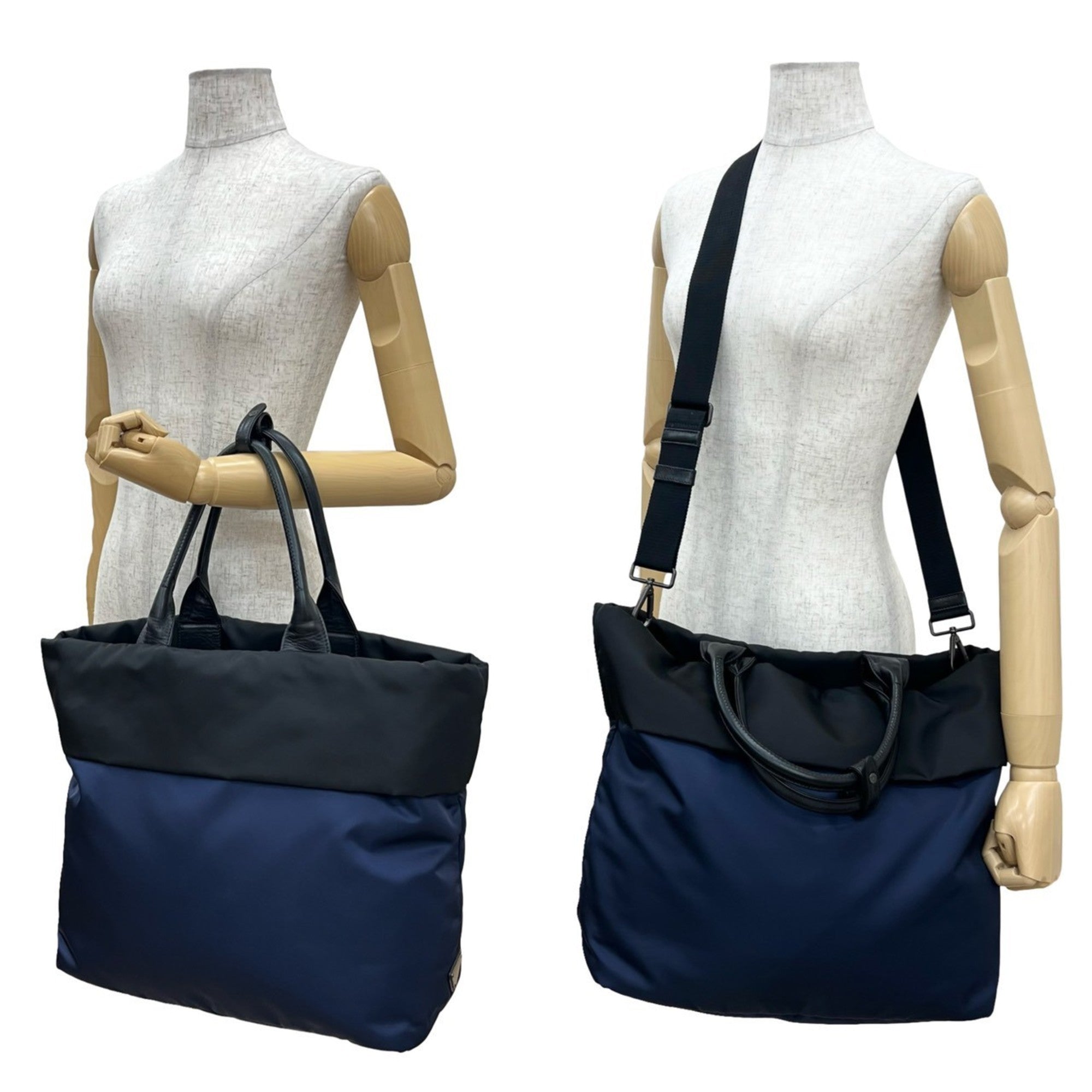 Prada Black Navy Nylon Leather Handbag Shoulder Bag Tote Bag