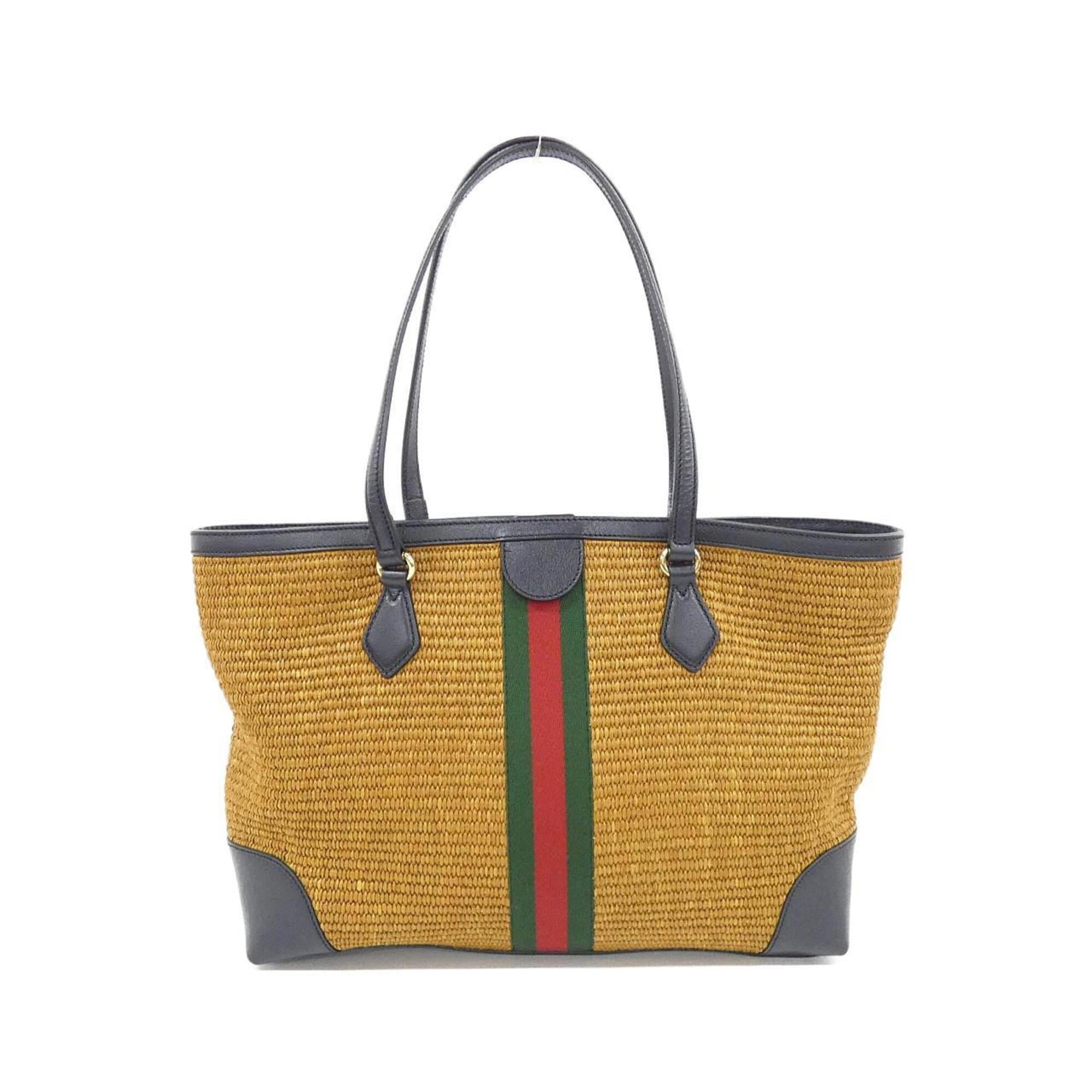 Gucci Ophidia Camel Navy Straw Leather Handbag (Pre-Owned)