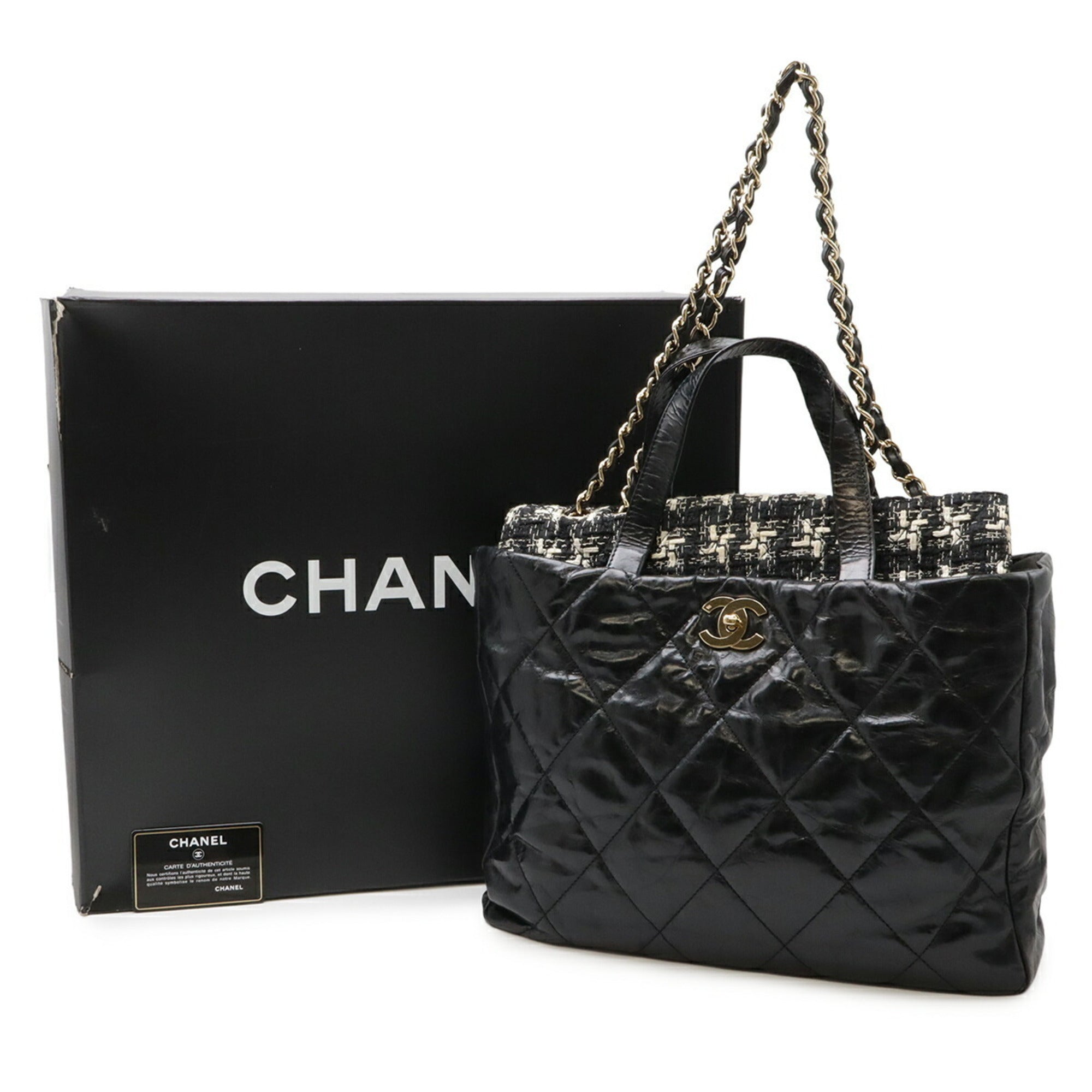 Chanel Black Ivory Leather Tweed Shoulder Bag Tote Bag