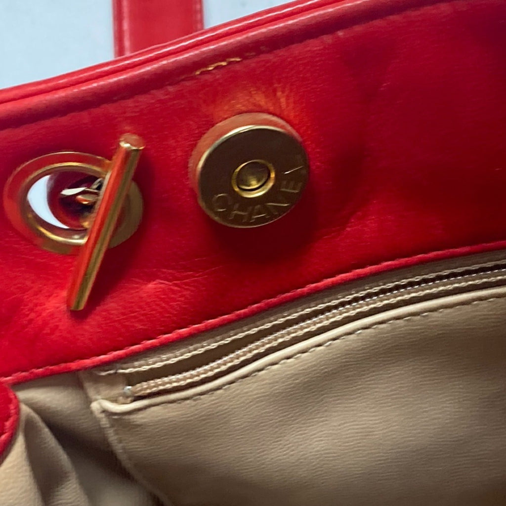 Chanel Red Color Satin Leather Shoulder Bag Tote Bag