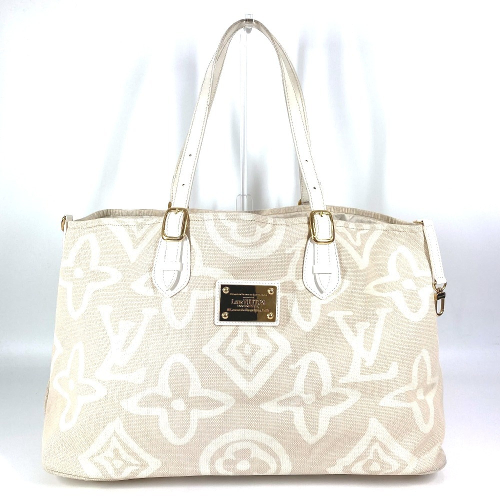 Louis Vuitton Beige Leather Canvas Shoulder Bag Tote Bag