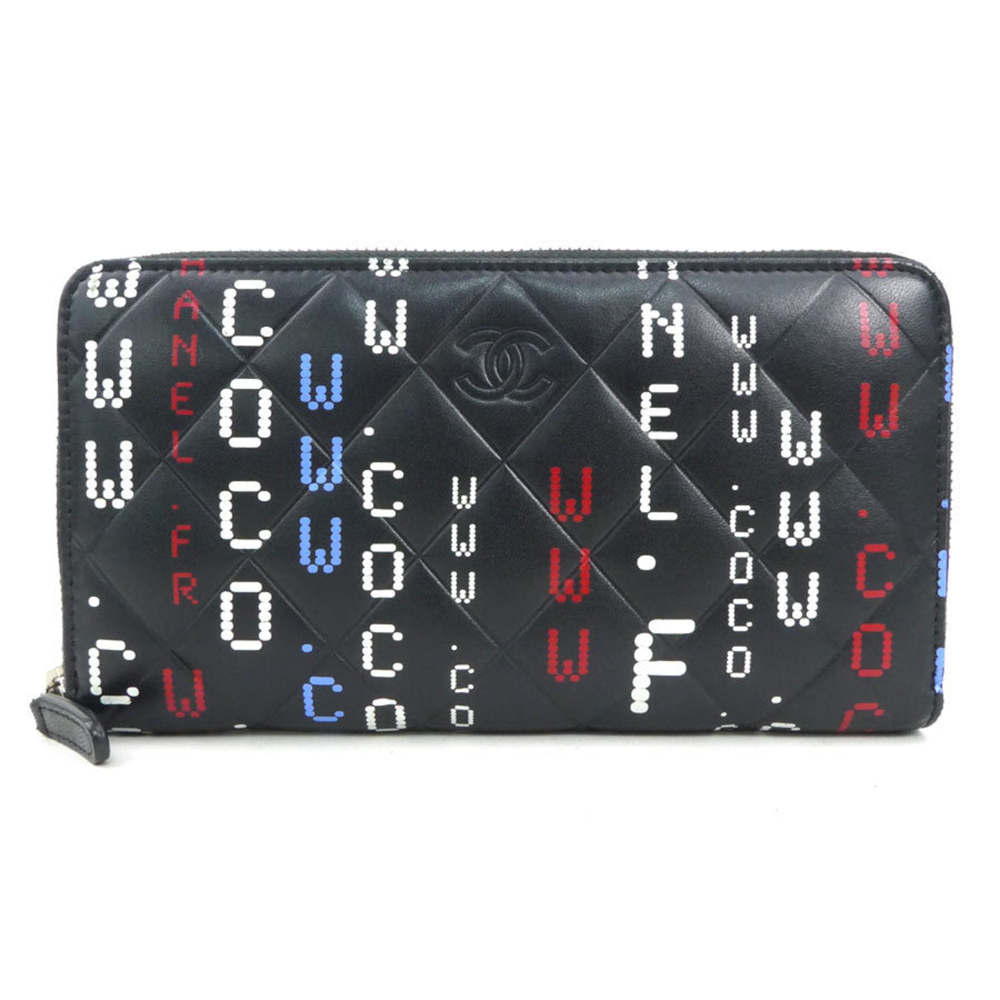 Chanel Black Blue Red Color White Leather Long Wallet (Bi-Fold)