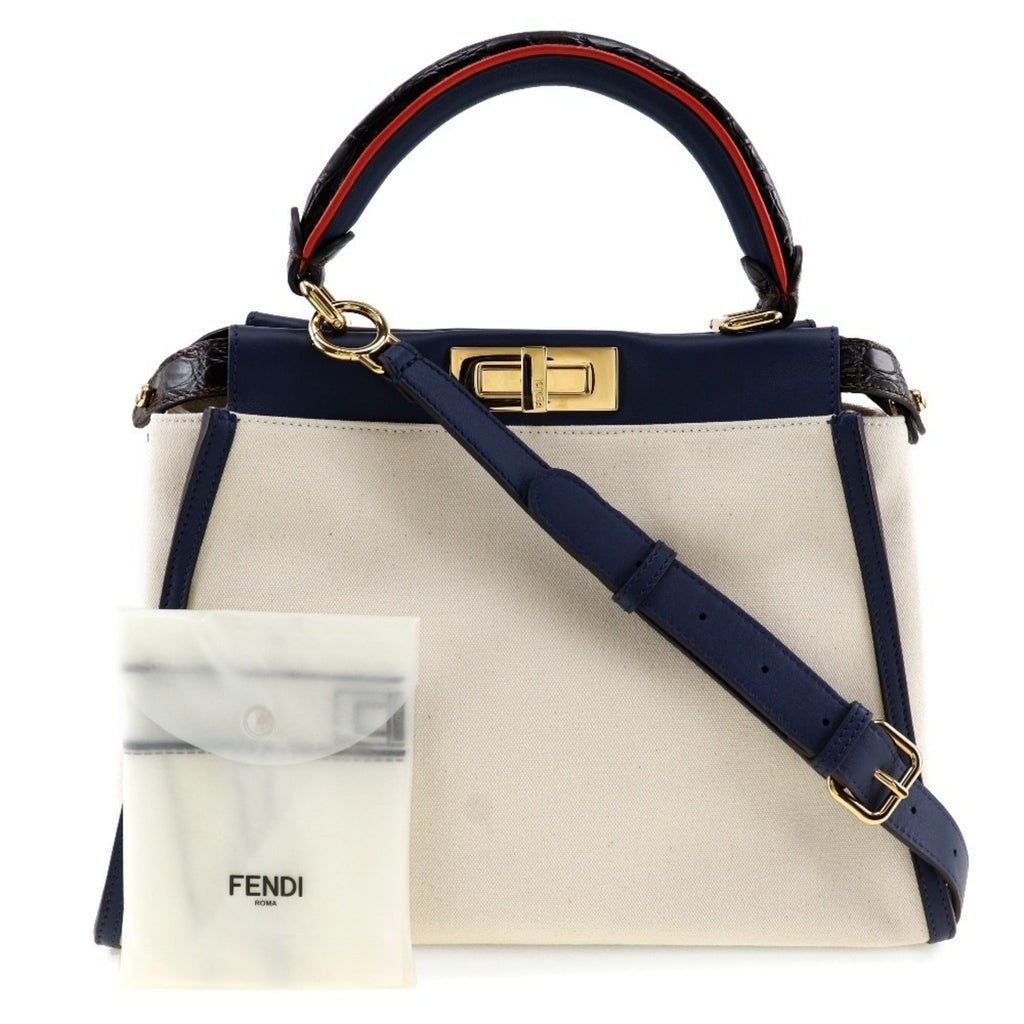 Fendi Navy White Canvas Leather Handbag
