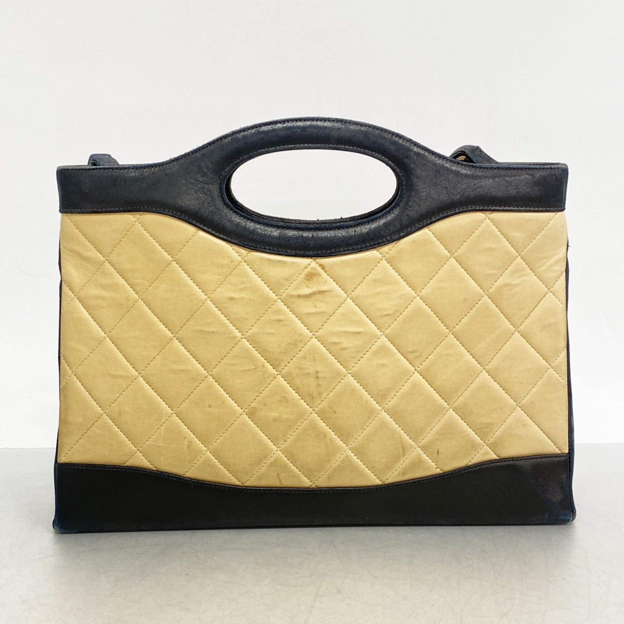 Chanel Beige Black Leather Handbag