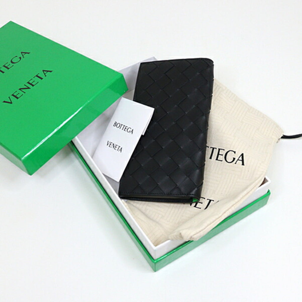 Bottega Veneta Black Green Leather Long Wallet (Bi-Fold)