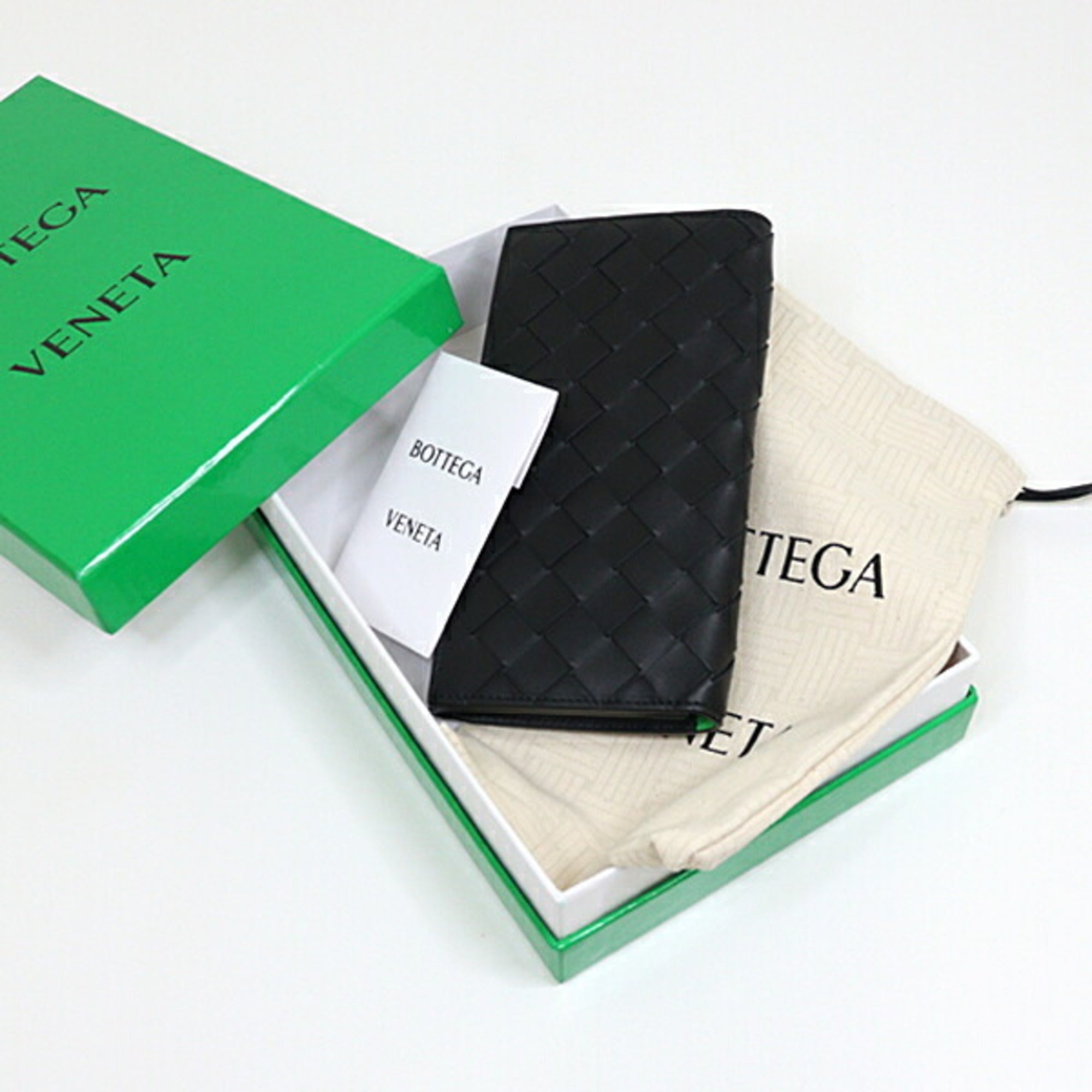 Bottega Veneta Black Green Leather Long Wallet (Bi-Fold)