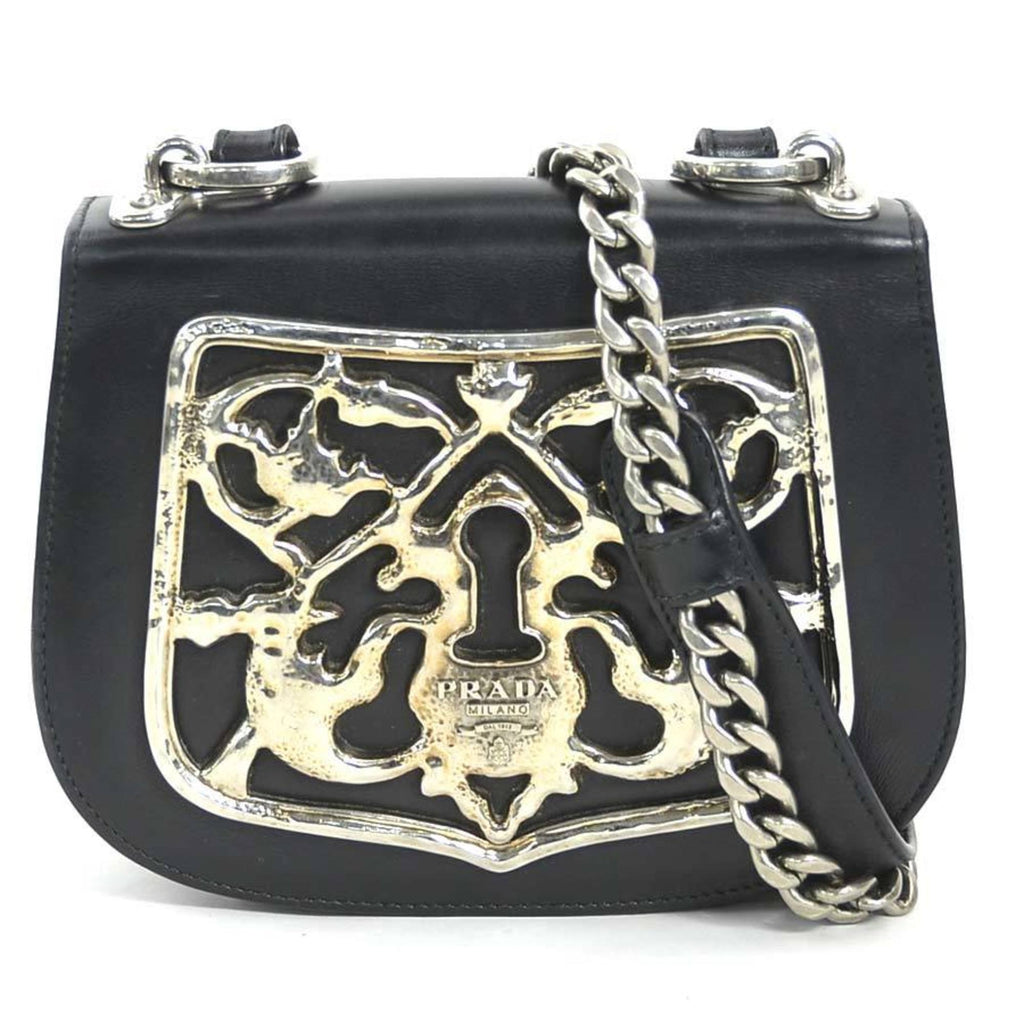 Prada Black Leather Metal Shoulder Bag