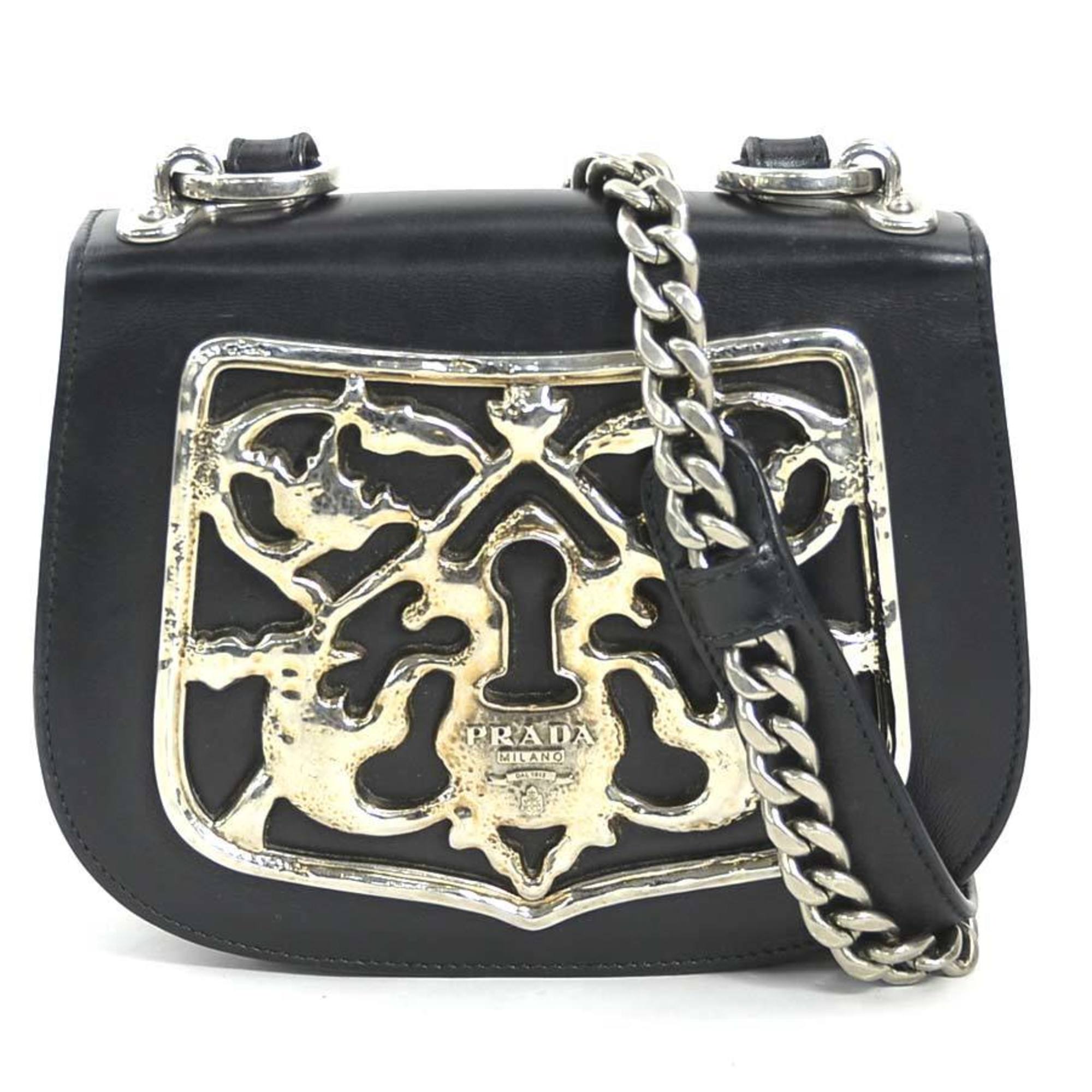 Prada Black Leather Metal Shoulder Bag