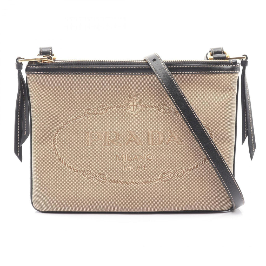Prada Beige Black Canvas Leather Shoulder Bag