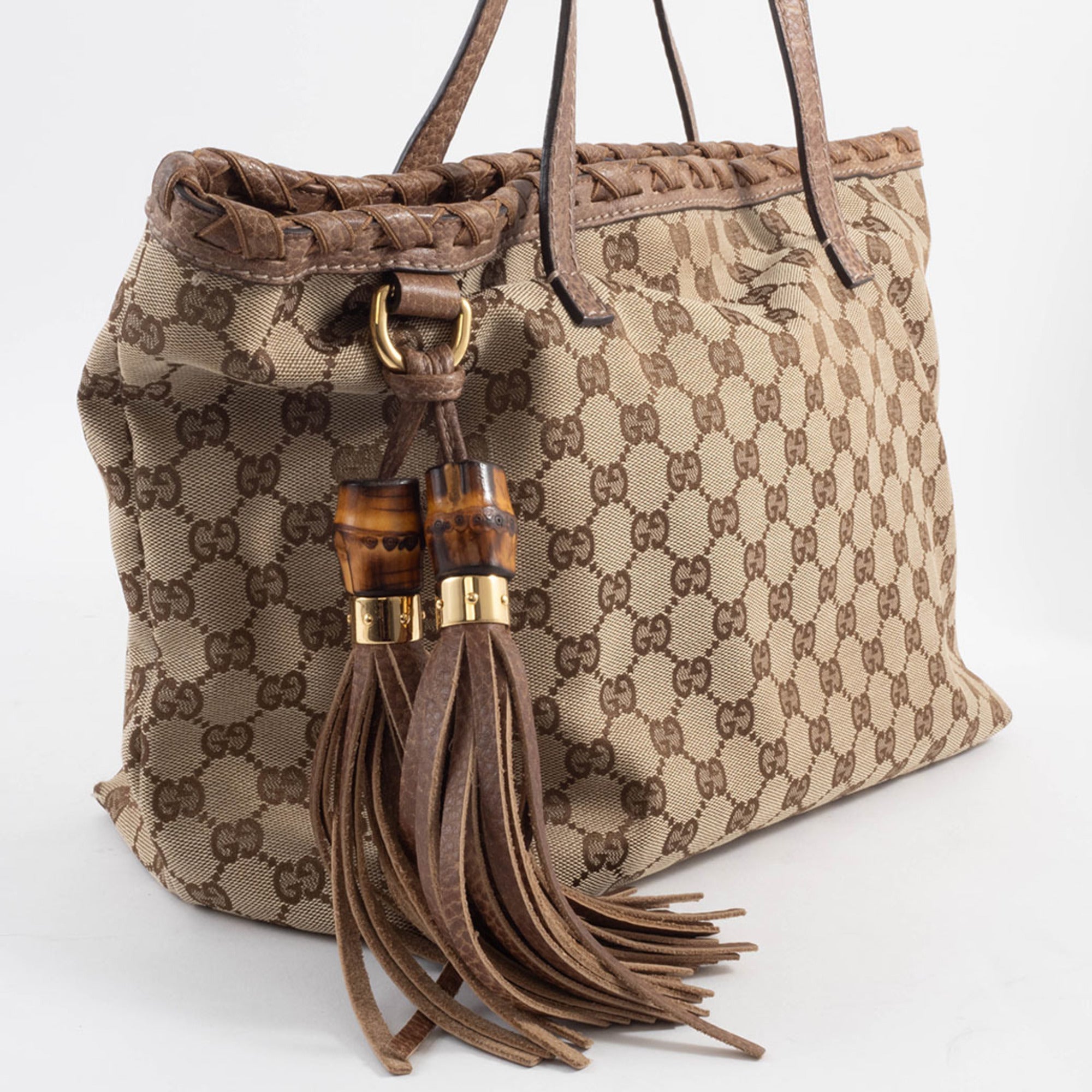 Gucci Gg Canvas Beige Brown Gg Canvas Leather Tote Bag (Pre-Owned)