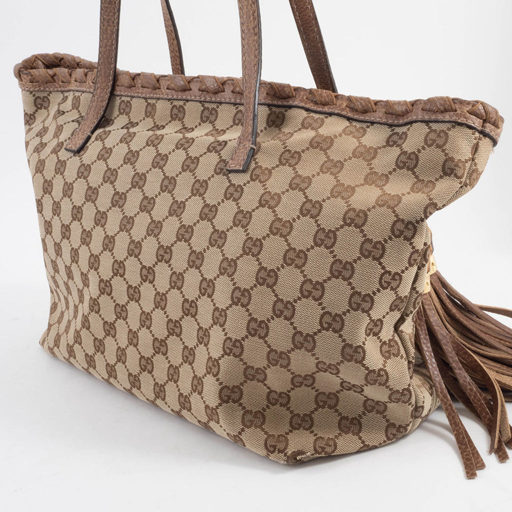 Gucci Gg Canvas Beige Brown Gg Canvas Leather Tote Bag (Pre-Owned)
