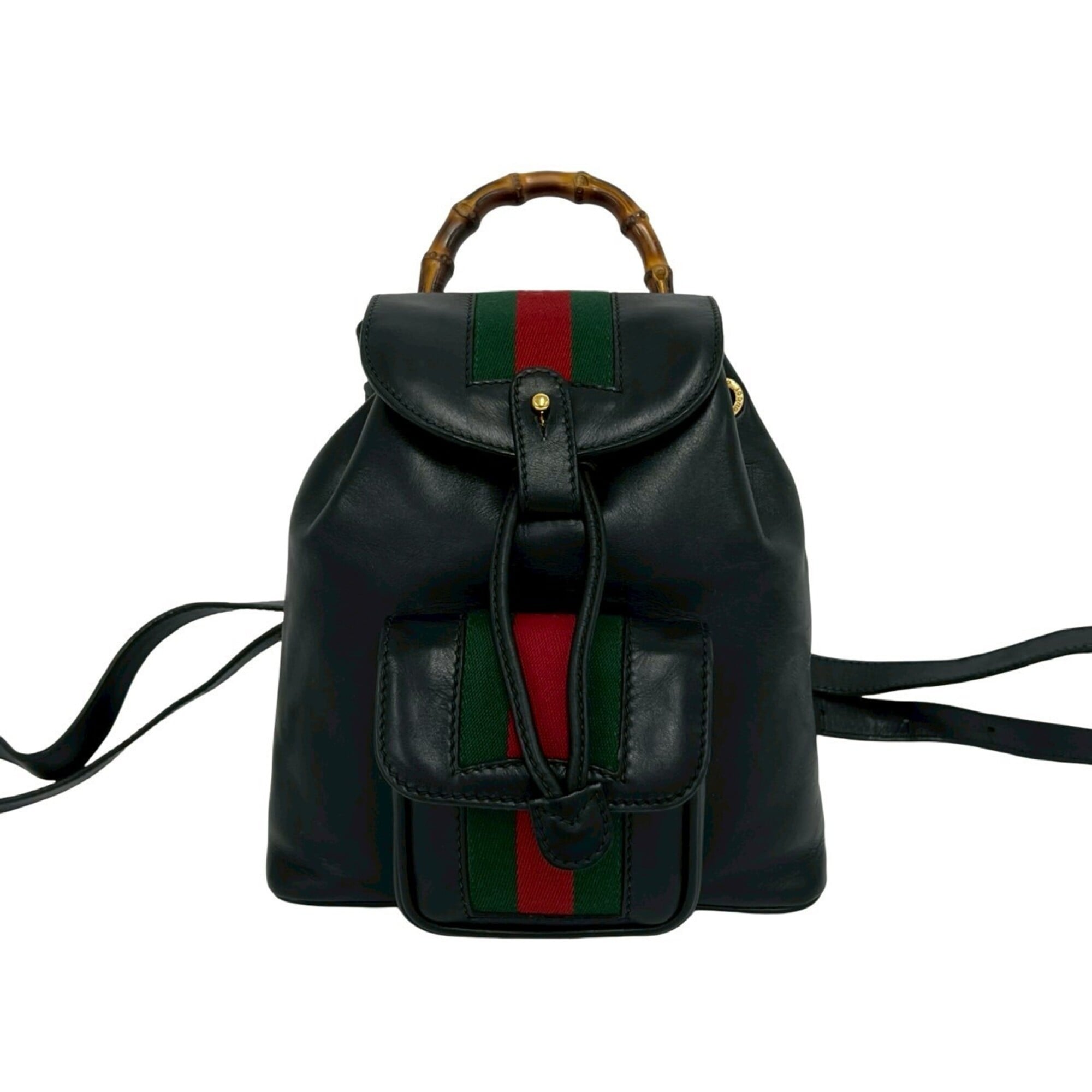 Gucci Black Green Red Color Leather Bamboo Backpack (Pre-Owned)