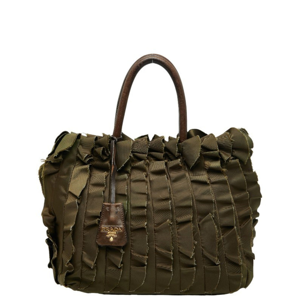 Prada Brown Khaki Nylon Leather Handbag Tote Bag