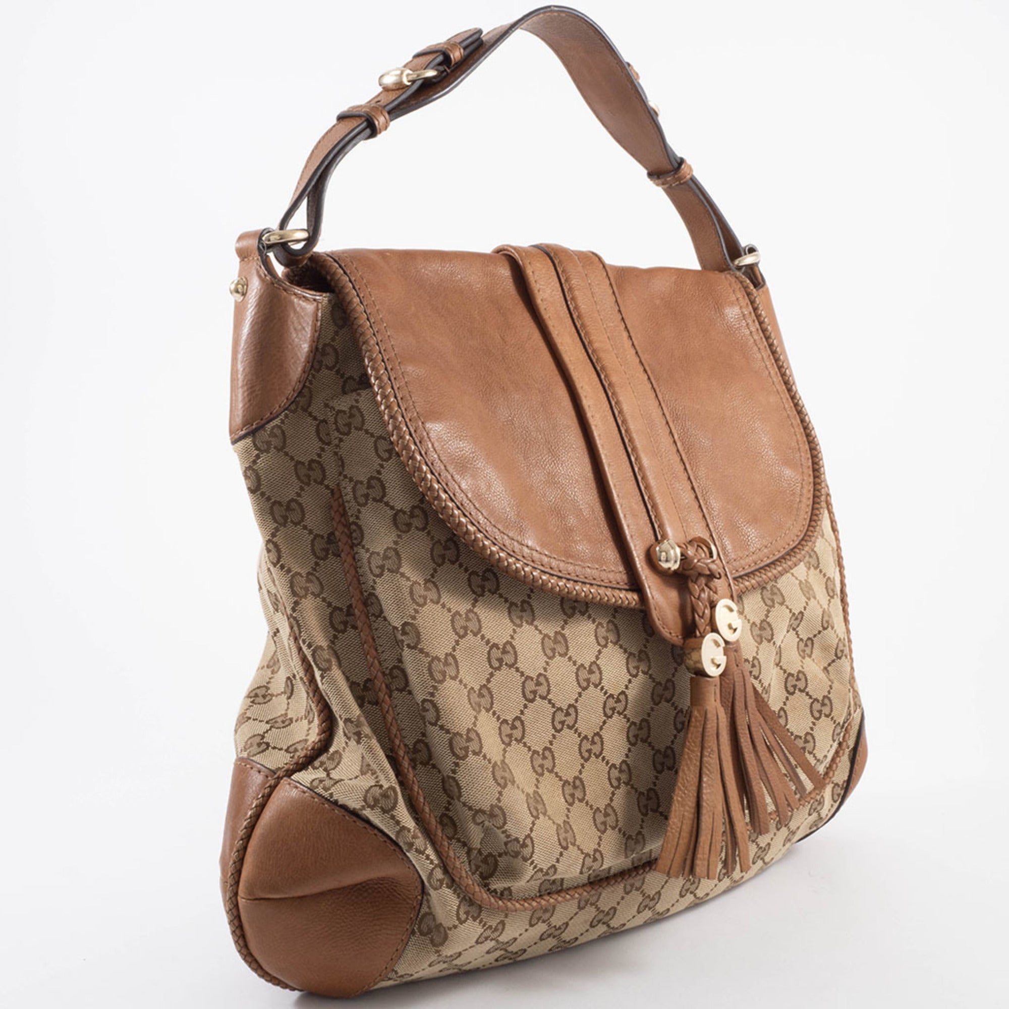 Gucci Gg Canvas Beige Brown Gg Canvas Leather Shoulder Bag (Pre-Owned)
