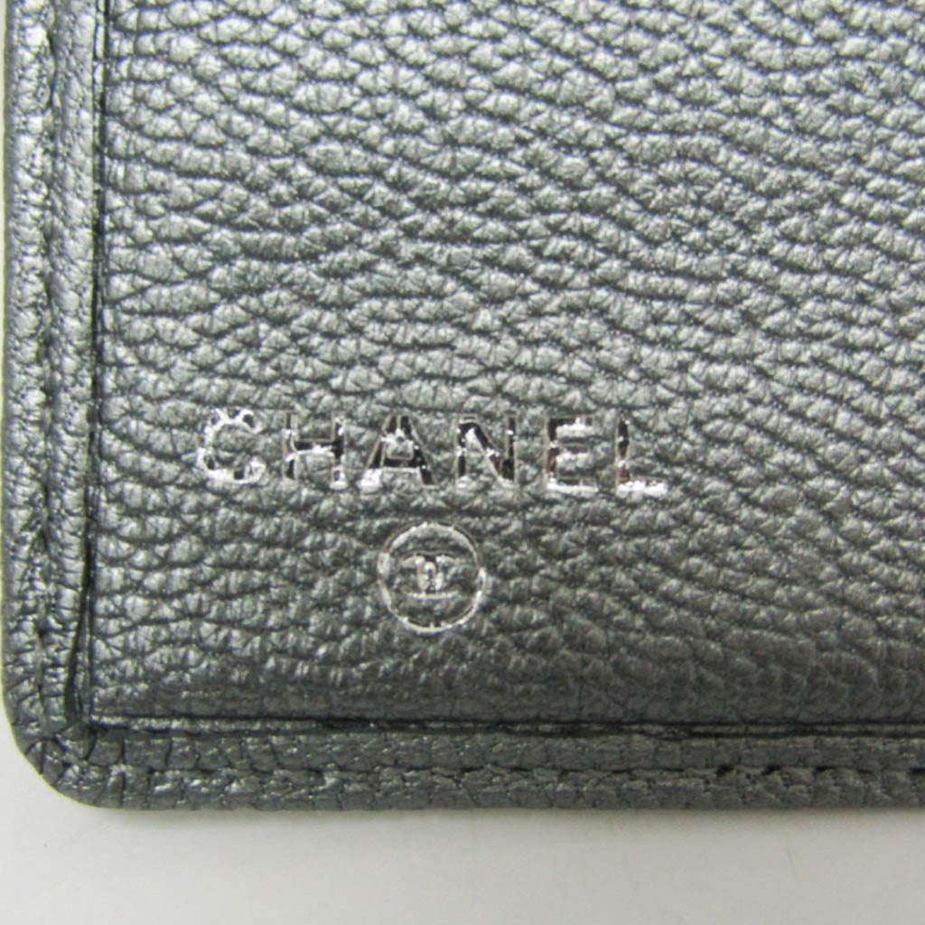 Chanel Coco Button Silver Leather Long Wallet (Bi-Fold)