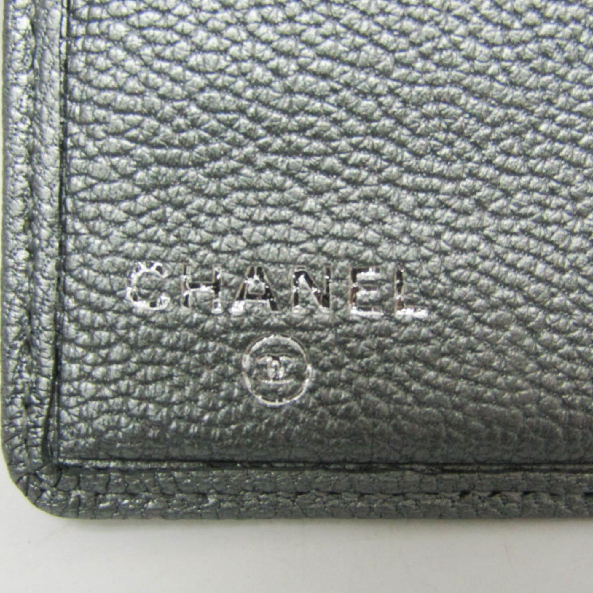 Chanel Coco Button Silver Leather Long Wallet (Bi-Fold)