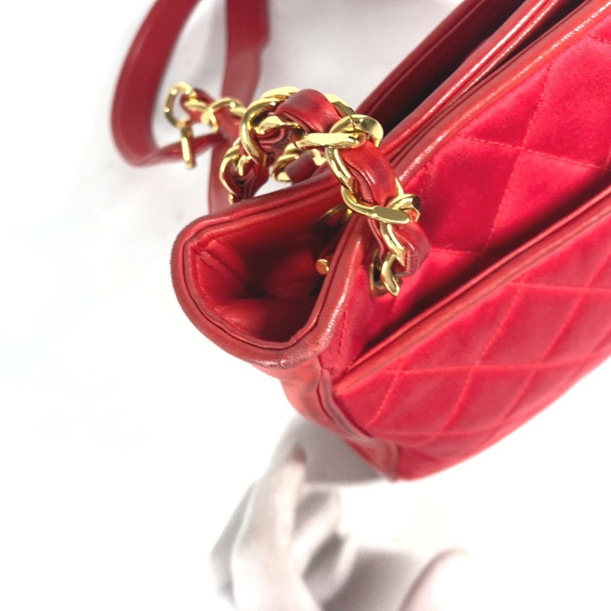Chanel Red Color Satin Leather Shoulder Bag Tote Bag