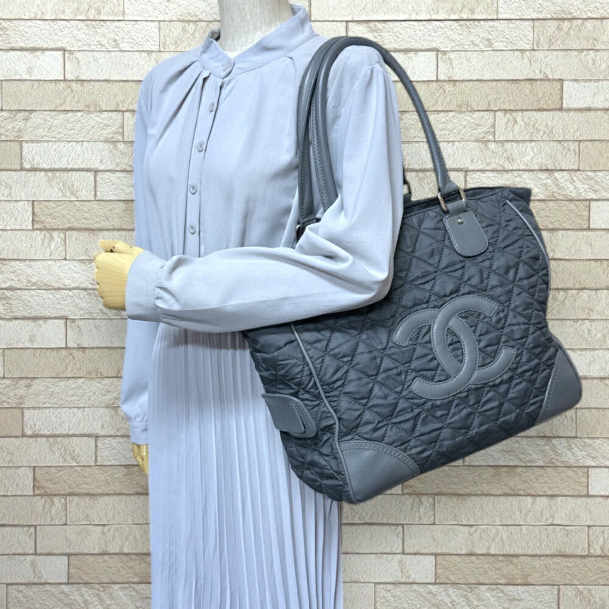 Chanel Gray Nylon Leather Tote Bag