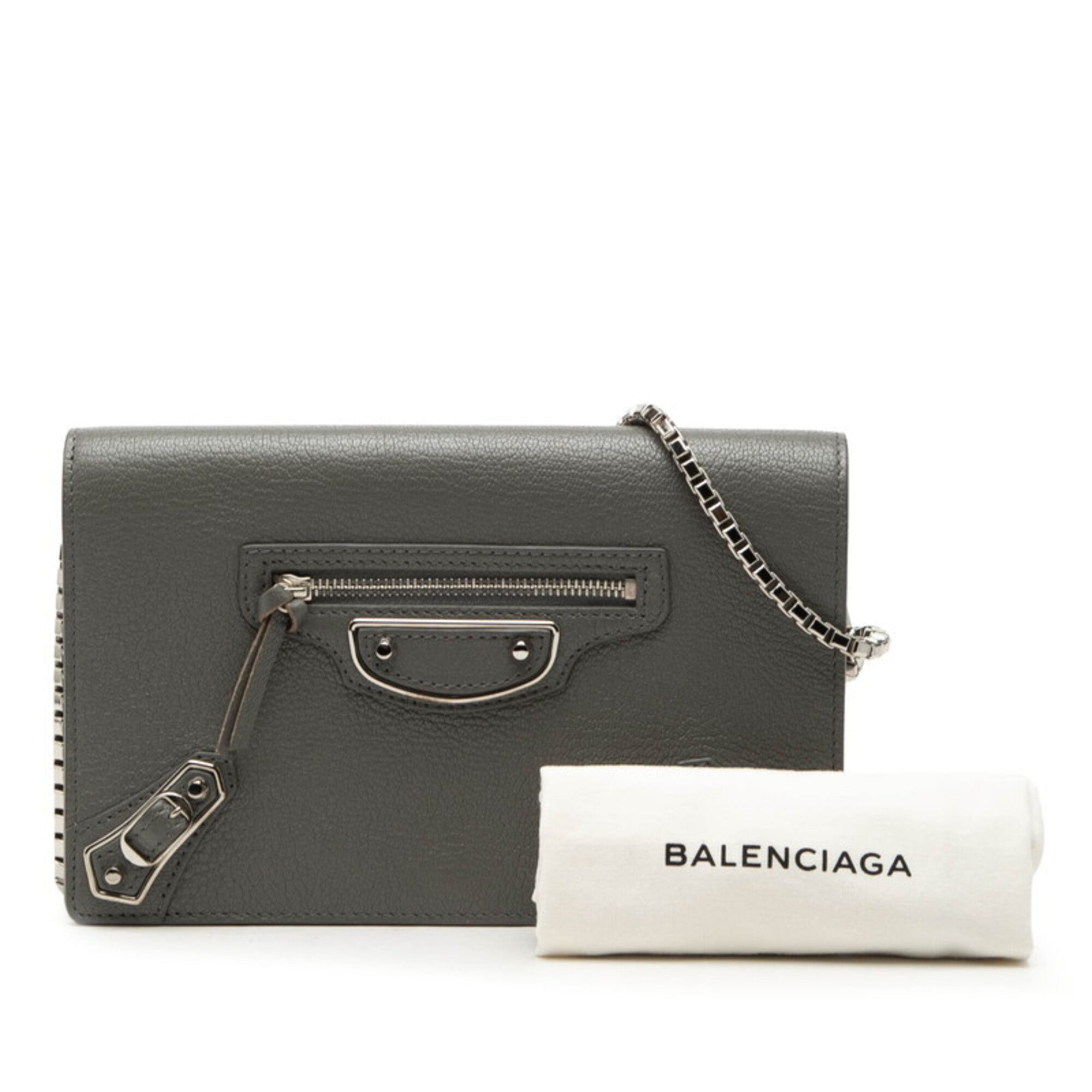 Balenciaga Gray Metallic Leather Chain/Shoulder Wallet