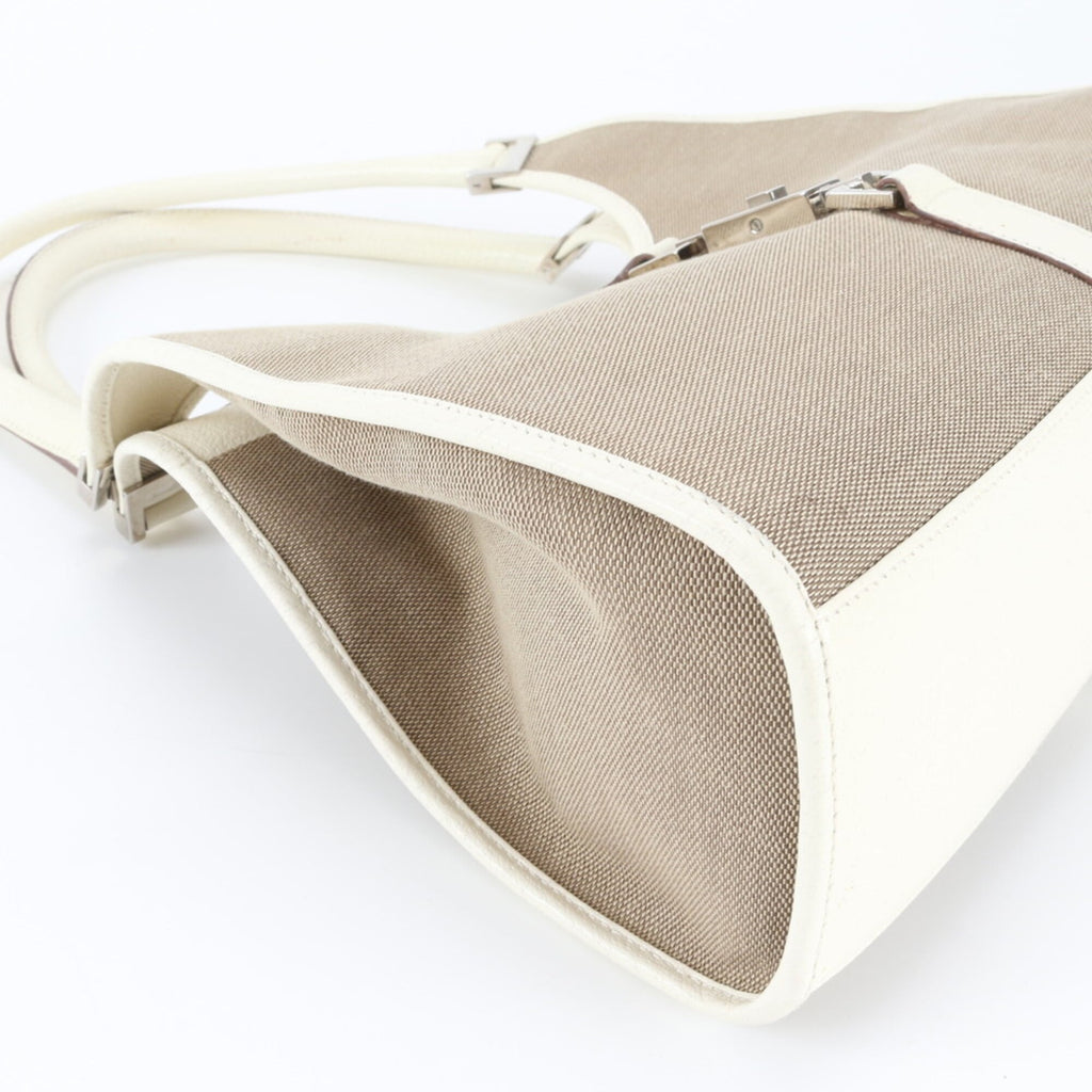 Gucci Jackie Beige White Leather Canvas Handbag (Pre-Owned)