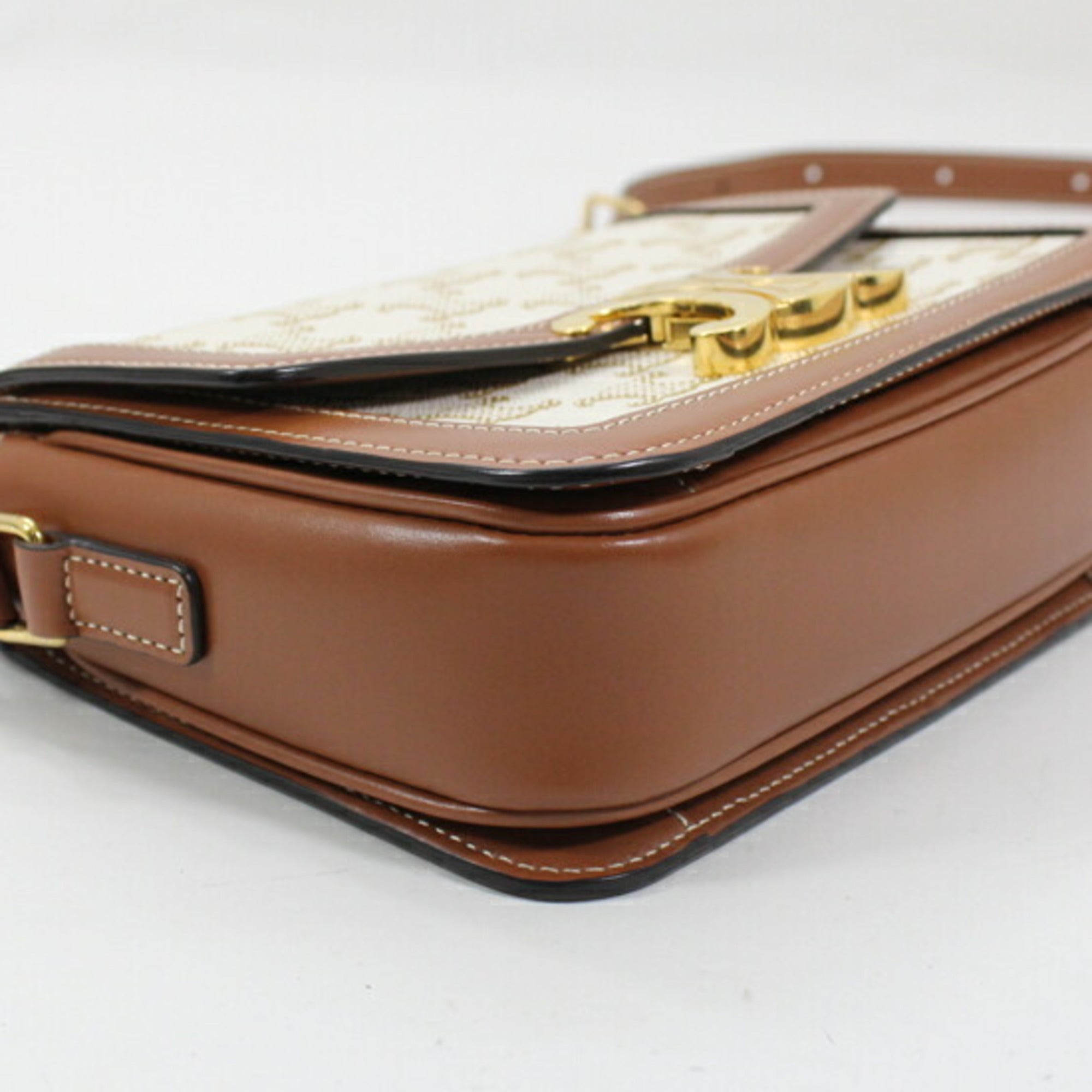 Celine Brown White Canvas Leather Shoulder Bag