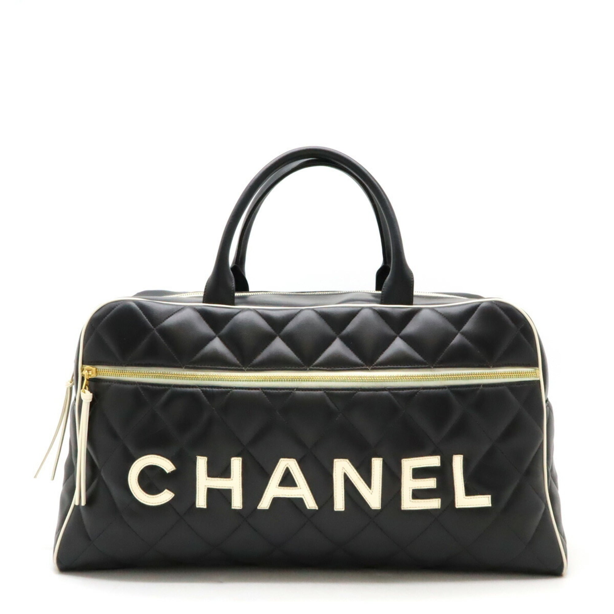 Chanel Black White Leather Boston Bag