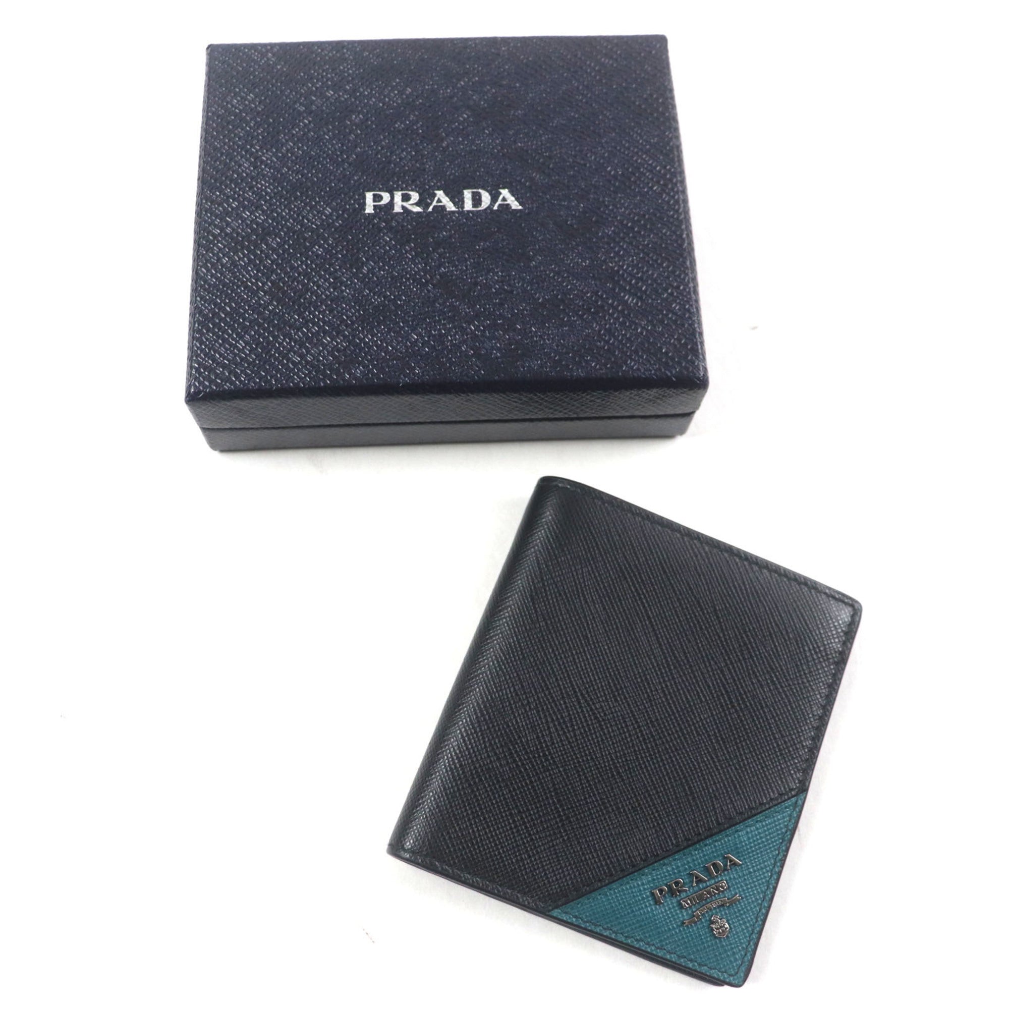 Prada Black Green Saffiano Bill Wallet (Bi-Fold)