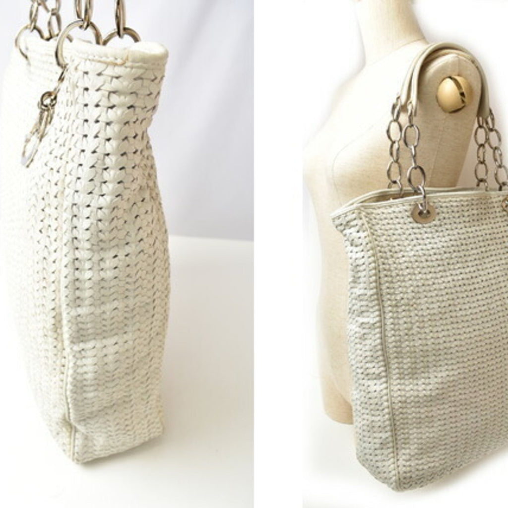 Christian Dior Lady Dior Silver White Leather Tote Bag (Pre-Owned)