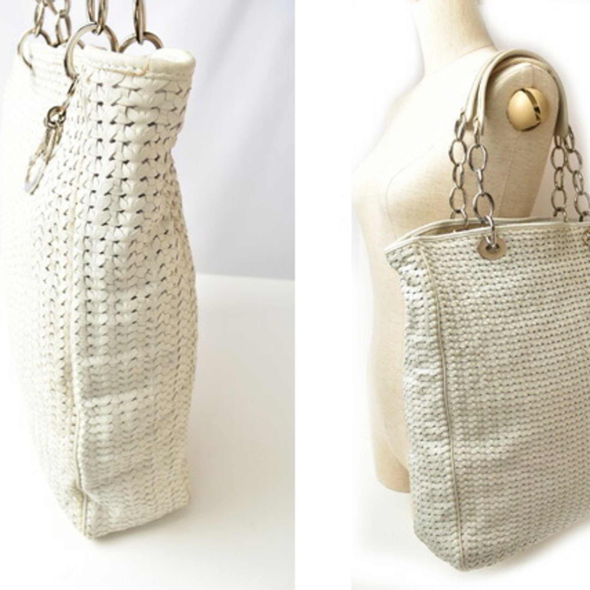 Christian Dior Lady Dior Silver White Leather Tote Bag (Pre-Owned)