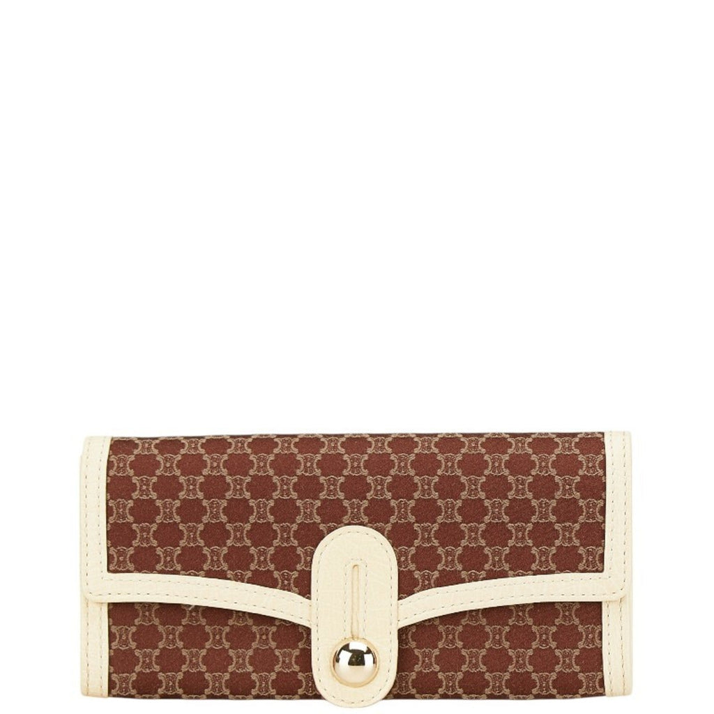 Celine Brown Ivory Canvas Leather Long Wallet (Bi-Fold)