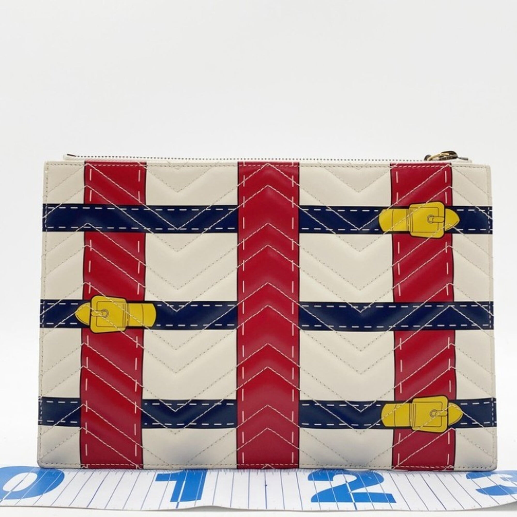 Gucci Ivory Navy Red Color Leather Clutch Bag (Pre-Owned)