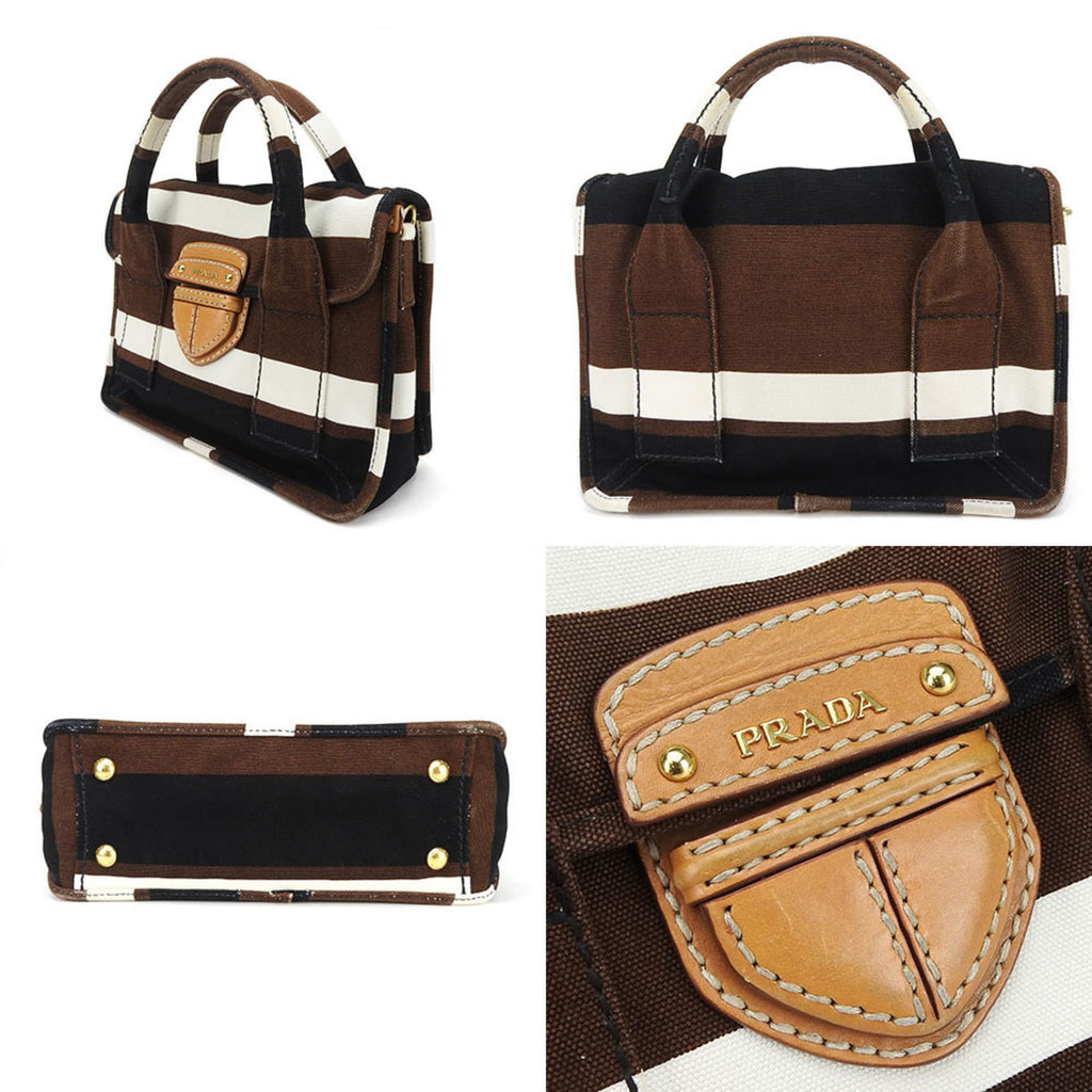 Prada Black Brown White Canvas Handbag